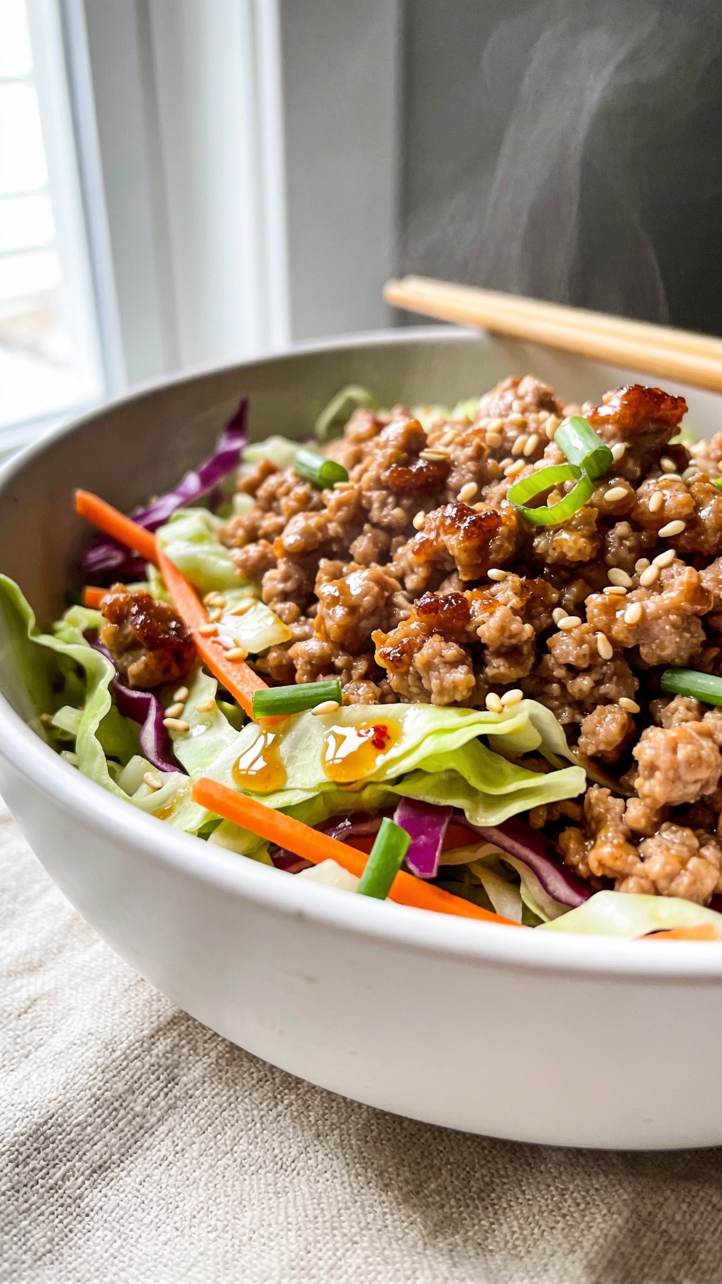 Ultra close-up hero shot of a âground turkey egg roll in a bowlâ served in a matte white shallow bowl: glossy, crumbled ground turkey browned with caramelized edges, tossed with tender-crisp shredded green and purple cabbage, julienned carrots, and thinly sliced scallions. Sauce sheen visible from a savory soy-ginger-garlic glaze with a touch of honey, small pools clinging to folds of cabbage. Garnished with toasted sesame seeds and a drizzle of chili crisp oil for subtle red highlights. Steam rising softly, bright natural window light from the left, shallow depth of field, neutral linen underneath, chopsticks resting on the rim (not in use), food filling 90â95% of frame, clean premium food-blog styling.