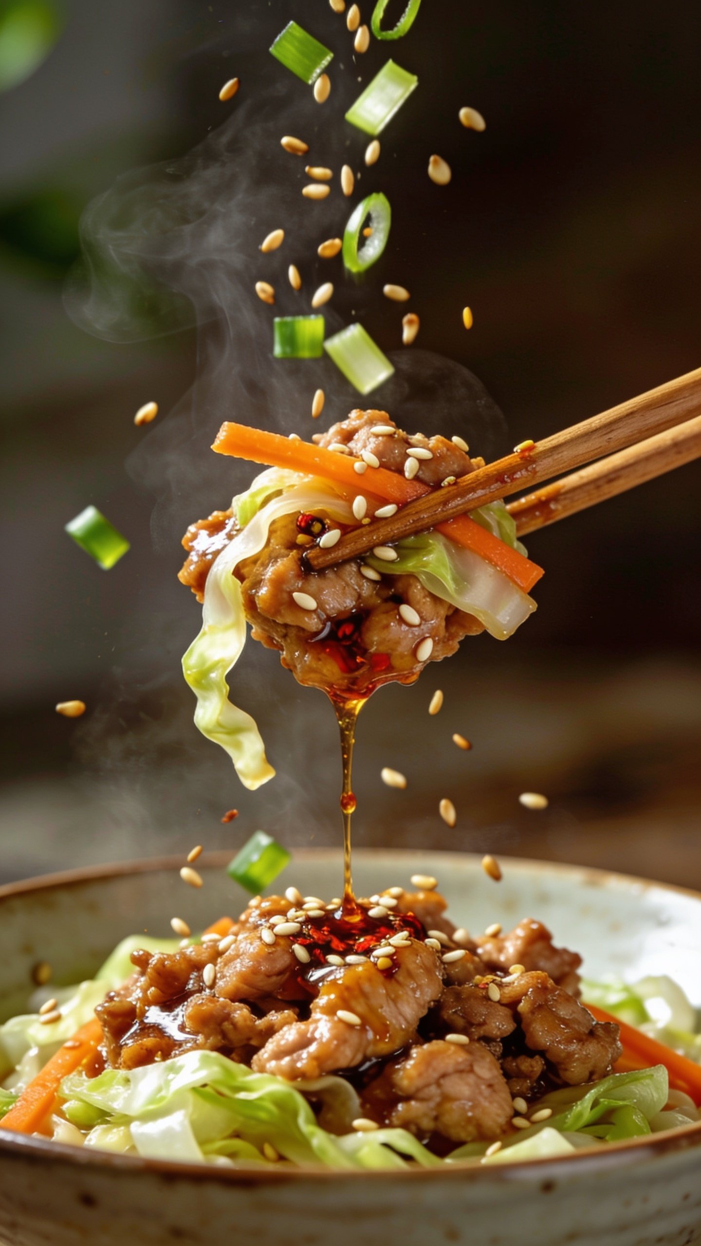 Dynamic action close-up: wooden chopsticks lifting the perfect bite from the same bowl, one second before it reaches the mouth. The lifted bite includes juicy glazed ground turkey, a ribbon of cabbage, a strand of carrot, and a few sesame seeds clinging to the glossy sauce, with a thin thread of chili crisp oil stretching from the bowl to the bite. Visible steam wafting up, a shower of thinly sliced scallions and toasted sesame seeds falling mid-air onto the bowl below. Bright natural side light, shallow depth of field, background softly blurred, food dominating 90â95% of the frame, rich textures and saucy shine emphasized.
