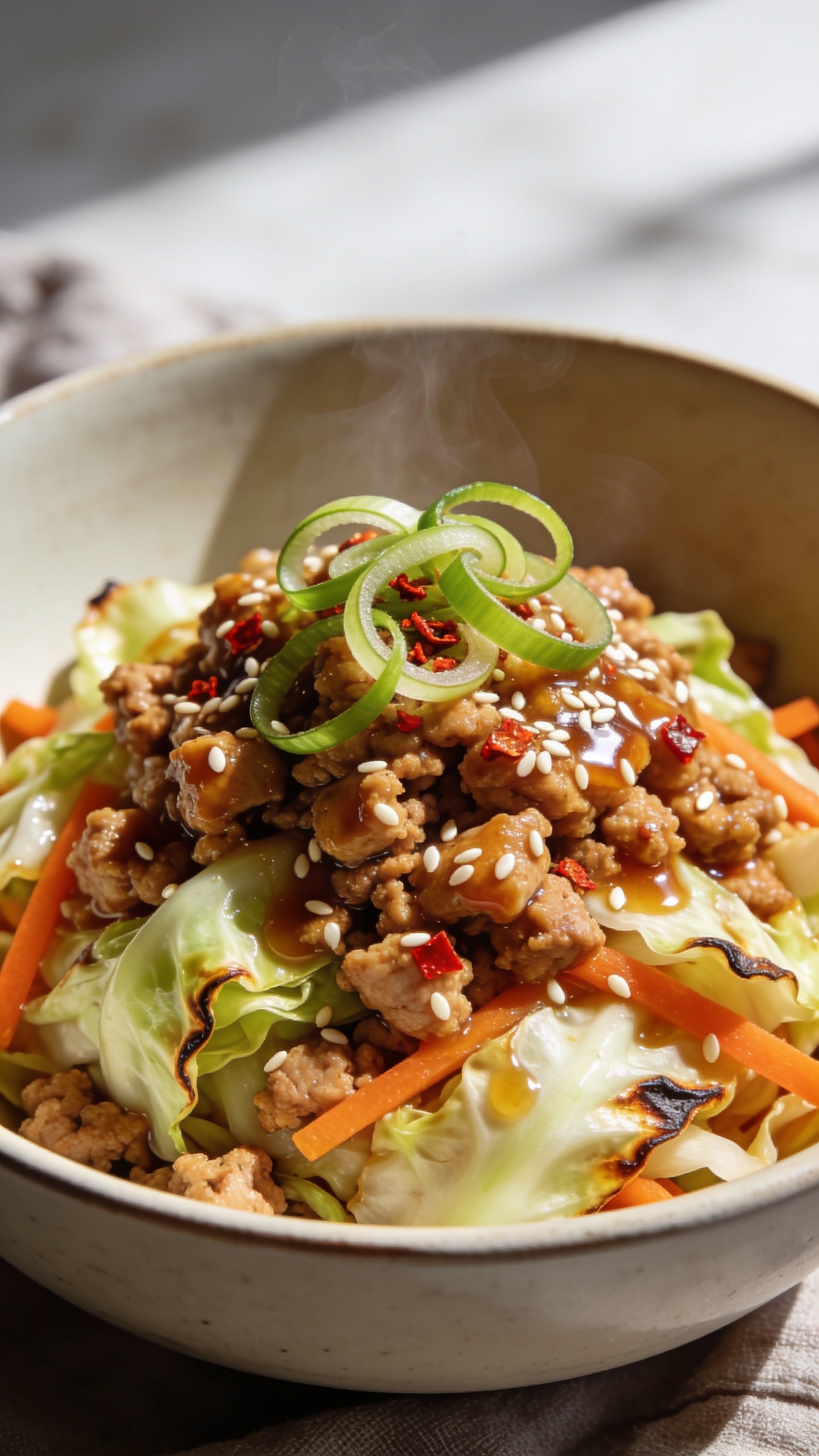 Extreme close-up from a low 3/4 angle of the same finished bowl: focus on the saucy turkey crumbles nestled among crisp cabbage and carrots, sesame seeds dotting the surface, micro-beads of glossy soy-ginger glaze catching light. A few scallion curls draped over the top, chili crisp flecks providing red pops, edges of cabbage slightly blistered for texture. Gentle steam visible, bright natural lighting with soft shadows, shallow depth of field isolating the front mound of food, neutral ceramic bowl and muted linen barely in frame, dish filling 90â95% of the image for an irresistible, premium look.