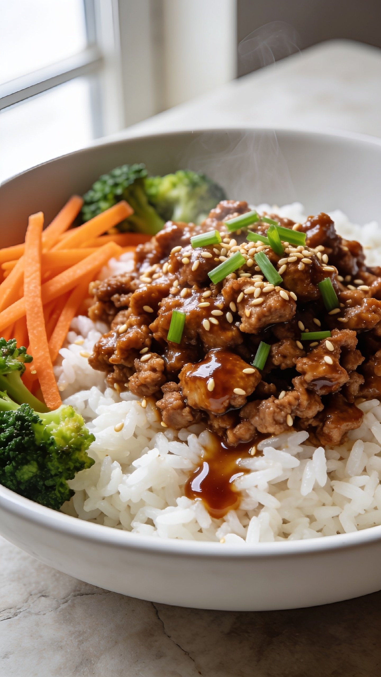 Ultra-close hero shot of a high-protein ground turkey teriyaki rice bowl: glossy caramel-brown teriyaki ground turkey crumbles piled over fluffy white jasmine rice, sprinkled generously with toasted sesame seeds and thinly sliced green onions, with bright crunchy julienned carrots and steamed broccoli florets tucked along the edges; a light drizzle of extra teriyaki glaze pooling slightly on the rice for shine; steam subtly rising; bright natural window light from the left, soft bounce on the right; shallow depth of field focusing on the saucy turkey and sesame; styled in a matte white shallow bowl on a neutral light stone surface with minimal props, cohesive premium food-blog aesthetic, 90â95% of the frame filled with food.