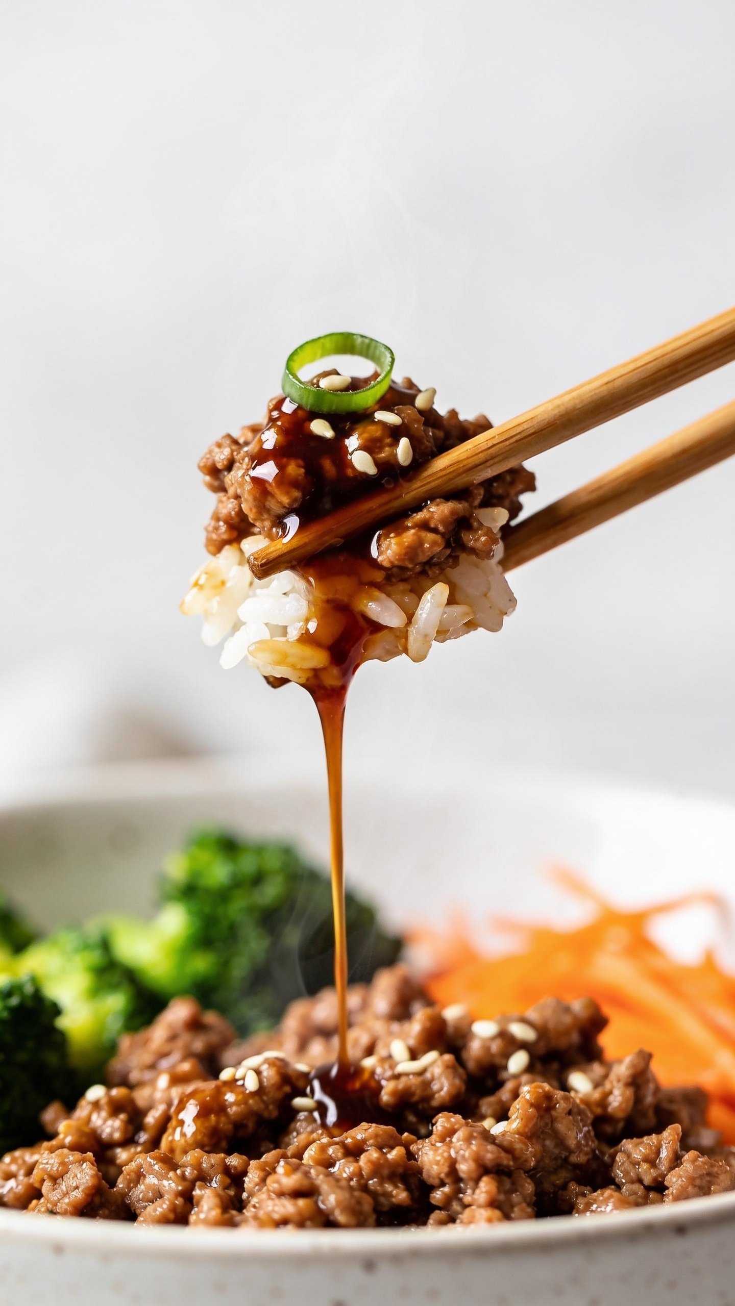 Dynamic action close-up of the same bowl as a pair of wooden chopsticks lifts the perfect bite: a small mound of glossy teriyaki ground turkey with a few grains of jasmine rice clinging, a ribbon of teriyaki glaze slowly dripping back toward the bowl, a few sesame seeds and a single ring of green onion on the lifted bite; background shows the same bowl with visible broccoli florets and carrot shreds softly blurred; bright natural side light, shallow depth of field, steam faintly visible for just-cooked appeal; no hands or people, only the chopsticks and the food; tight crop so the food fills 90â95% of the frame, rich textures, mouthwatering shine, frozen at the instant before the bite reaches the mouth.