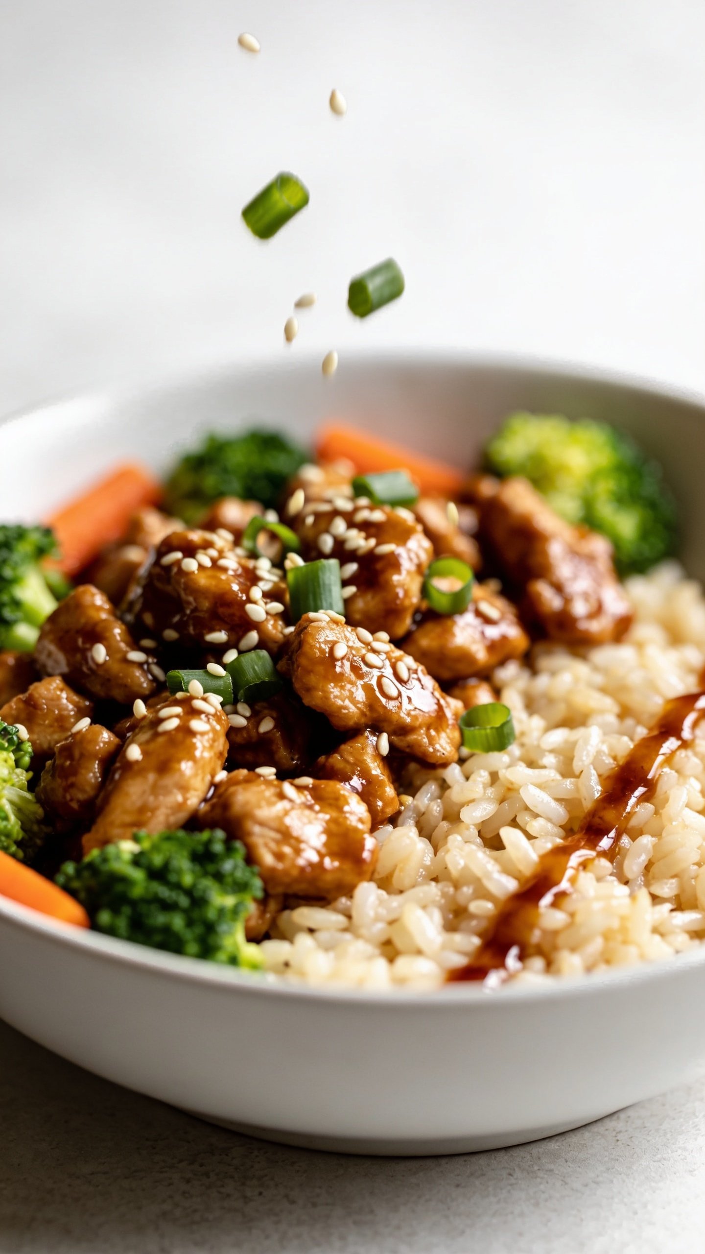 Lush macro angle from slightly overhead and to the side of the same finished bowl, emphasizing textures: glistening teriyaki-coated turkey crumbles nestled against pearly rice grains, with a fresh sprinkle of sesame seeds and green onions caught mid-fall above the bowl, a few seeds suspended in the air; vibrant broccoli and carrot accents framing the proteins; extra glaze brushed along one edge for a lacquered look; bright natural lighting, shallow depth of field with the falling garnish in crisp focus and the far rim gently blurred; minimal neutral tabletop and a matte white bowl to keep the food dominant, 90â95% of the frame filled with the dish.