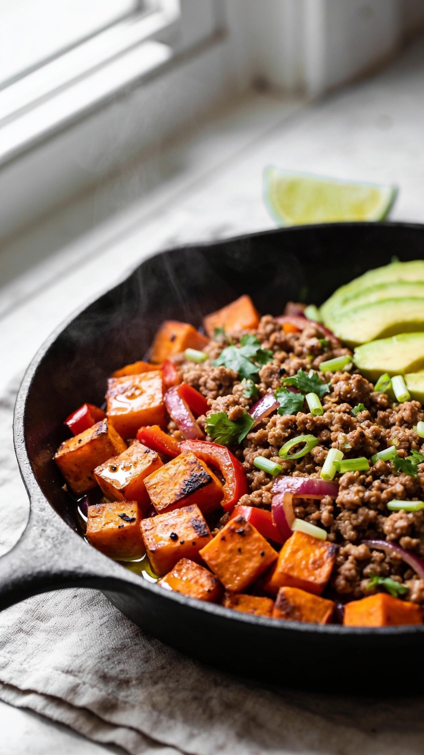 Ultra close-up hero shot of a High Protein Ground Turkey Sweet Potato Skillet, filling 90–95% of the frame in a matte black cast-iron skillet. Cubed caramelized sweet potatoes with lightly crisped edges, juicy browned ground turkey crumbles, sautéed red bell pepper and red onion, flecks of blackened spice, and glossy sheen from a light olive oil finish. Garnished with finely chopped fresh cilantro, thinly sliced green onions, and a few avocado slices tucked to one side with a small lime wedge nearby. Bright natural window light from the left, shallow depth of field, soft shadows, steam subtly rising, rustic neutral linen underneath, premium food-blog styling, vibrant orange sweet potatoes contrasting with browned turkey and fresh green herbs.