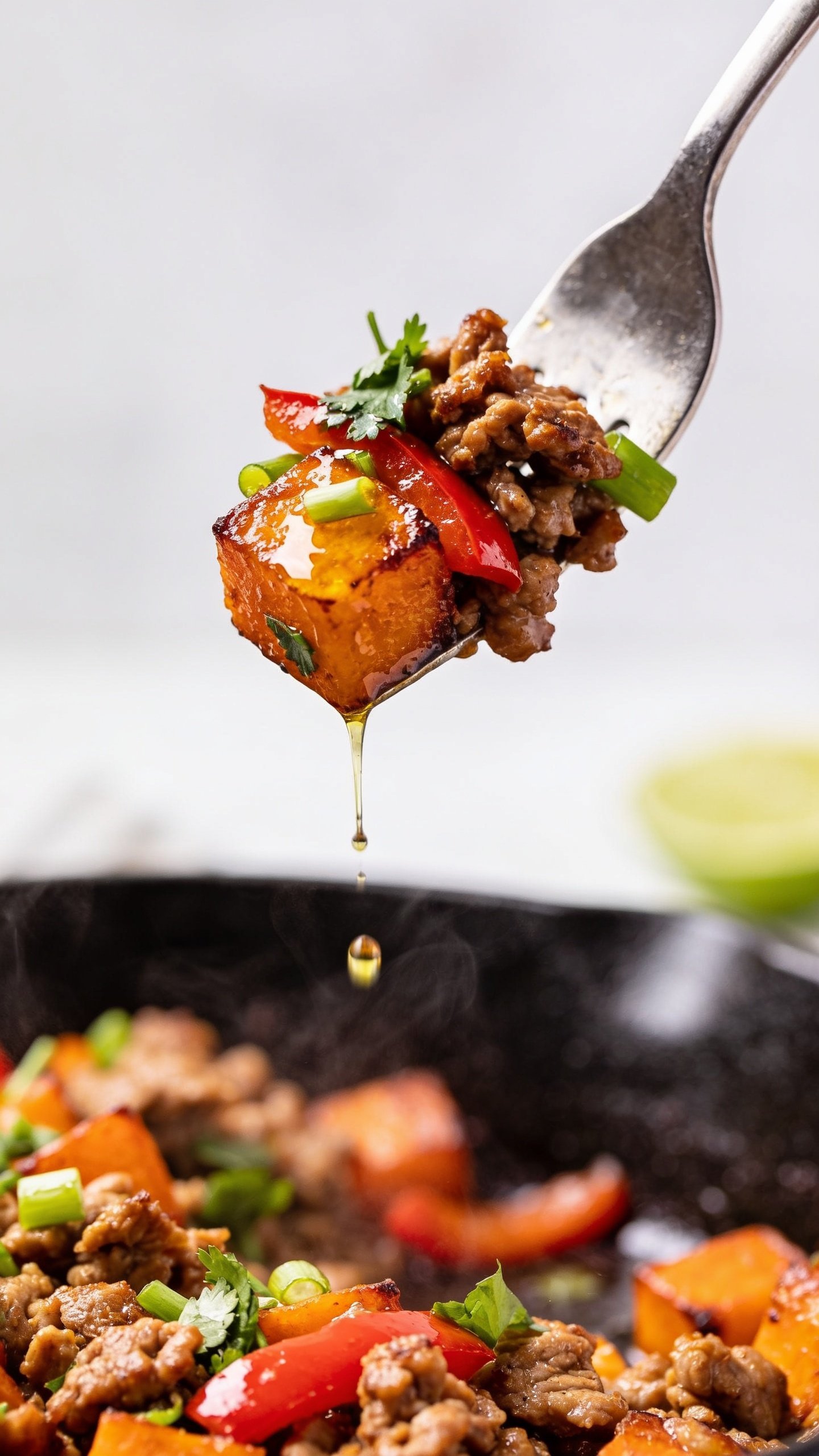Dynamic action close-up capturing the most irresistible bite: a silver fork lifting a perfect mouthful from the same skillet—one caramelized sweet potato cube, a juicy cluster of browned turkey, a sliver of red bell pepper, and a sprinkle of cilantro and green onion clinging to the bite. A glossy drizzle of lime-kissed olive oil glistens on the lifted bite, with tiny droplets caught midair. The rest of the skillet fills the blurred background with the same ingredients and garnishes, visible steam rising, bright natural side light, shallow depth of field, no hands visible, intense texture on the crisp edges and succulent turkey creating movement and anticipation.