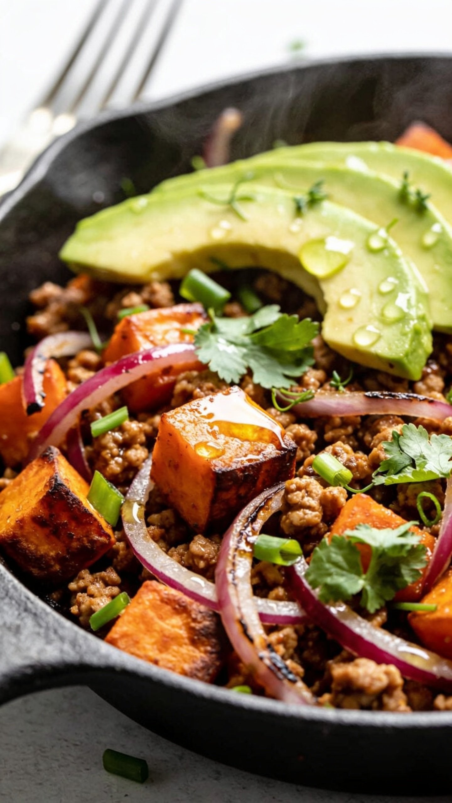 Extreme close-up from a low 45-degree angle of the same finished skillet, emphasizing textures: fork-set aside in the background, focus on a section where sweet potato cubes show browned, crispy corners, turkey crumbles are glossy and well-seasoned, and thin red onion strands are tender with slight char. Fresh cilantro and green onions scattered on top, a few avocado slices fanned at the rim, micro-beads of lime juice on the surface, and a subtle sheen of olive oil catching the light. Bright natural lighting, shallow depth of field, food filling the frame, steam faintly visible, cohesive styling matching the hero image.