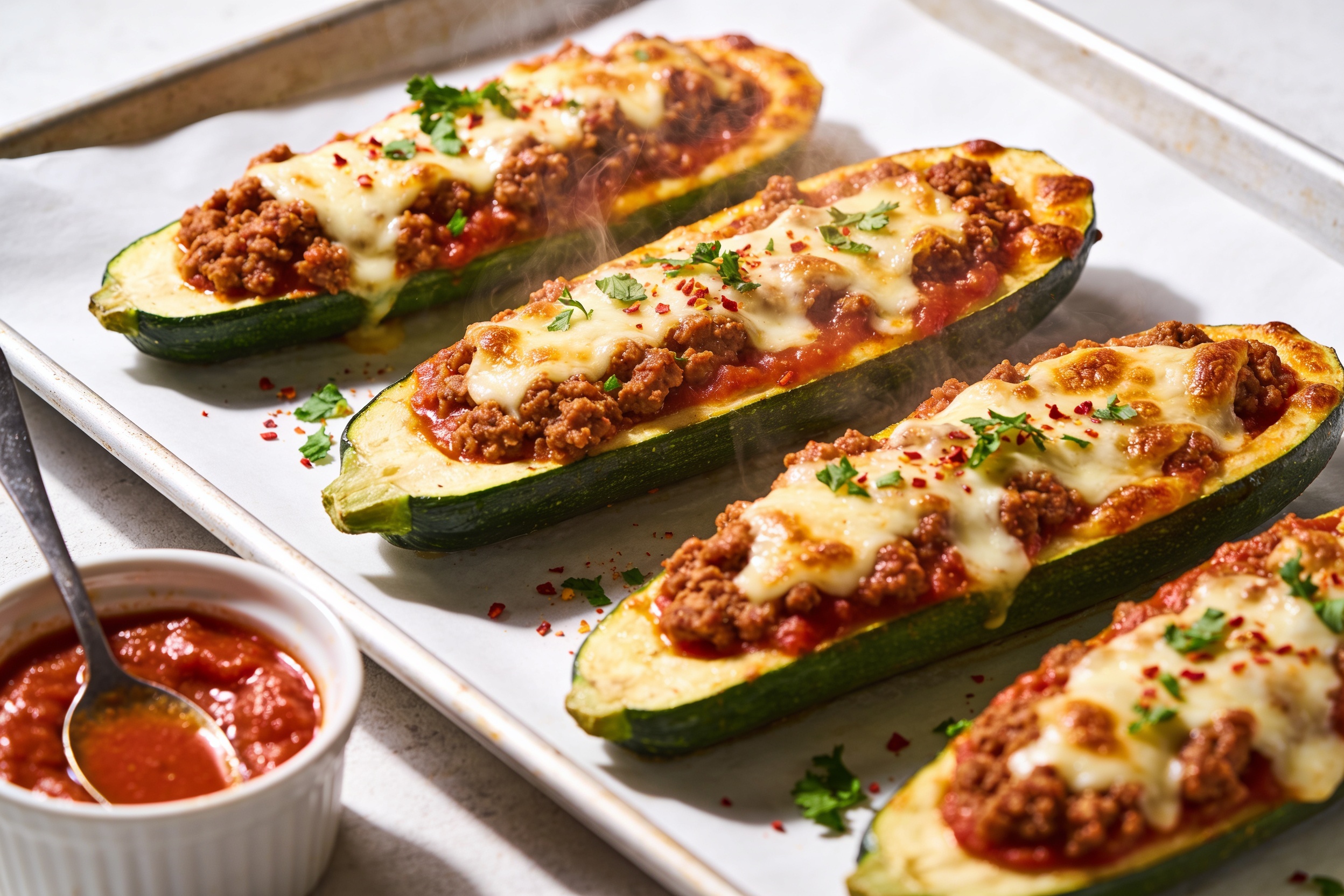 High Protein Ground Turkey Zucchini Boats
