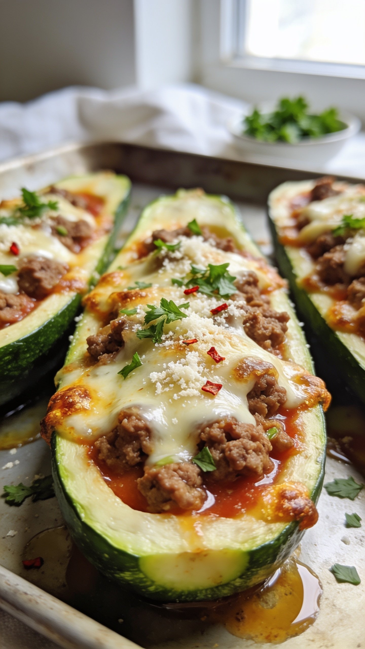 Ultra-close hero shot of high-protein ground turkey zucchini boats fresh from the oven: halved zucchini shells filled with juicy, browned ground turkey in a light tomato-garlic sauce, topped with melted mozzarella and a light sprinkle of grated parmesan, golden-bubbly cheese with crispy edges, finely chopped fresh parsley scattered on top, a few red pepper flakes for subtle heat, glossy juices pooling slightly in the zucchini and on the sheet pan. Bright natural window light from the side, shallow depth of field focusing on the front boat, background softly blurred with a neutral white linen and a faint hint of a small bowl of parsley. Food fills 90â95% of frame, vibrant greens, rich browns, glossy melted cheese, premium food-blog styling.