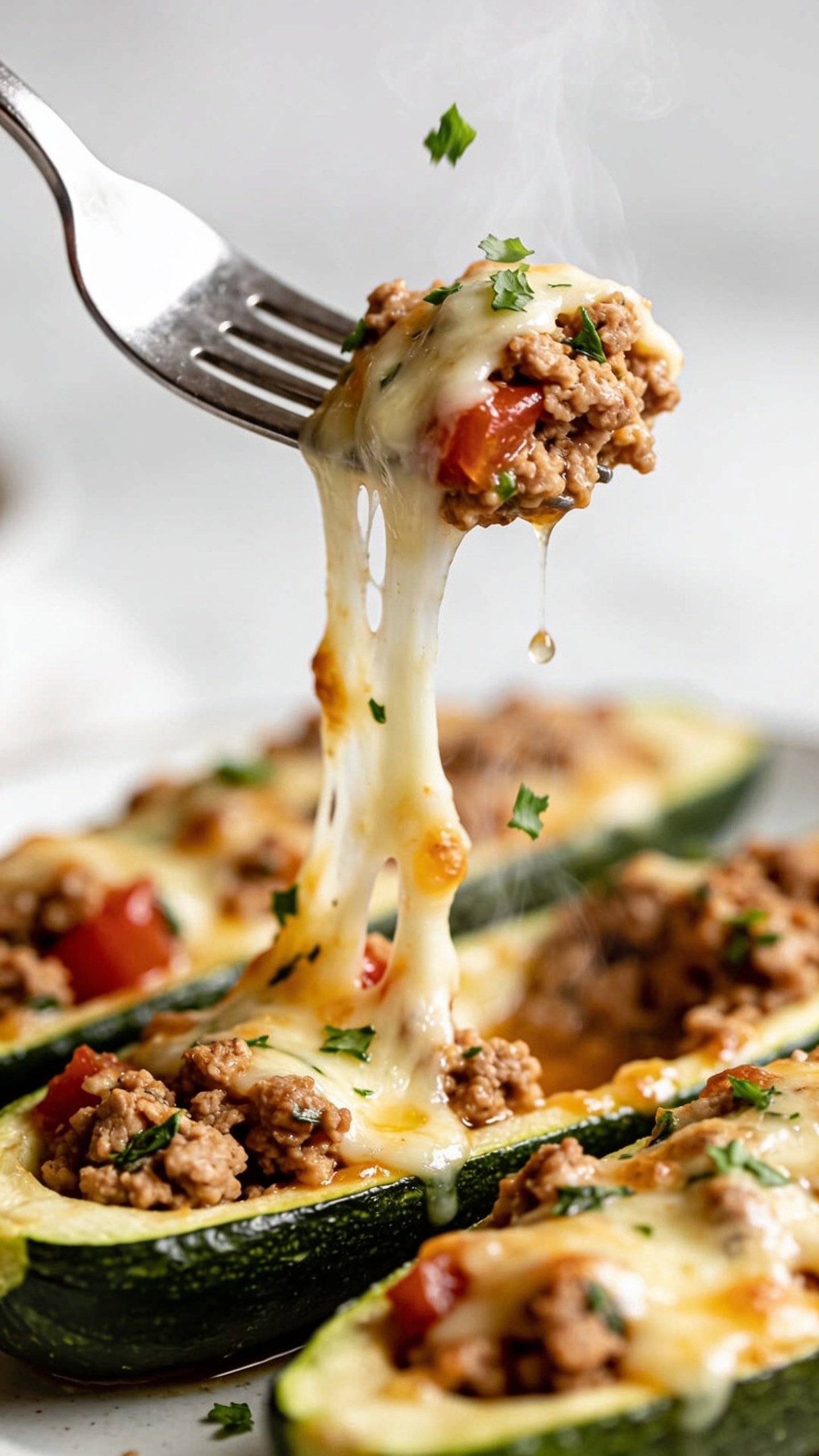 Dynamic action close-up capturing the irresistible bite: a sleek stainless-steel fork lifting a perfect bite from one zucchini boatâstrand of melted mozzarella stretching from the fork back to the stuffed zucchini, revealing crumbled, juicy ground turkey flecked with herbs and a bit of tomato, tiny droplets of glossy pan juices clinging to the cheese. Fresh steam rising subtly, a few flecks of chopped parsley mid-fall onto the bite. Bright natural side lighting, shallow depth of field isolating the forkful and cheese pull, background softly blurred but clearly the same cheesy stuffed zucchini boats. Food fills 90â95% of frame, no hands visible, intense texture and movement.