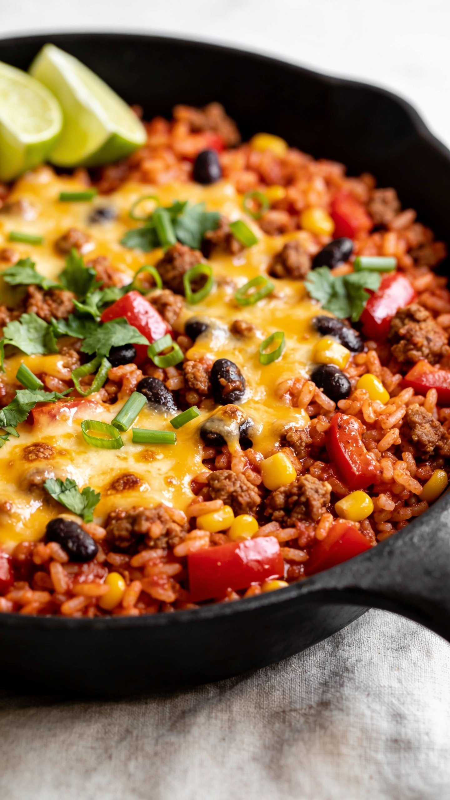 Ultra-close hero shot of a one-pan High Protein Ground Turkey Mexican Rice Skillet: juicy browned ground turkey crumbles nestled with fluffy tomato-tinted rice, black beans, sweet corn, and finely diced red bell pepper, all glistening with a light sheen of smoky chili-cumin sauce. Topped evenly with melted cheddar-jack cheese (lightly bubbled and browned in spots), fresh chopped cilantro, thinly sliced green onions, and a few lime wedges tucked at the edge. Served in a matte black cast-iron skillet set on a neutral linen, bright natural side lighting, shallow depth of field, vibrant reds, yellows, and greens popping against the dark pan, 90–95% of frame filled with the dish, no text, no hands.