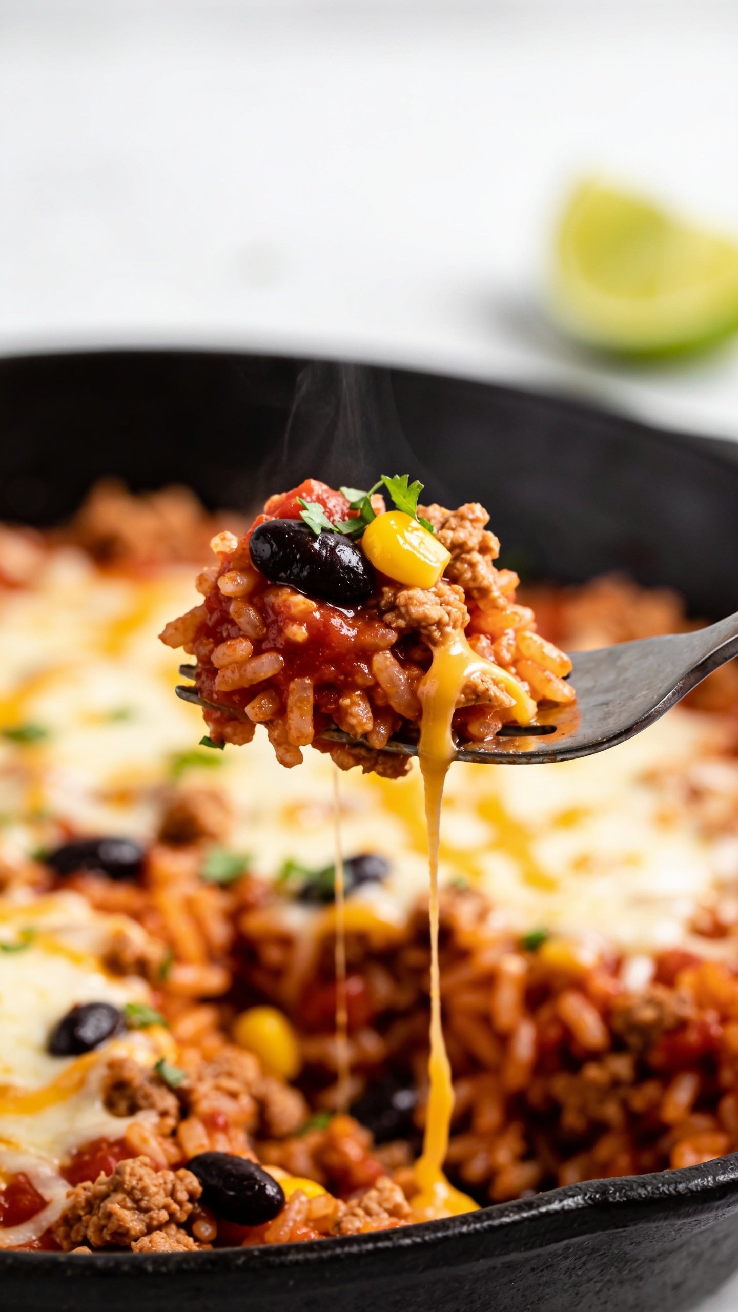 Dynamic action close-up of the same finished turkey Mexican rice skillet: a fork lifting the perfect bite—crumbled turkey, a mound of saucy red rice, a glossy black bean, a golden corn kernel, a tiny strand of melted cheddar stretching from the skillet to the fork, specks of cilantro clinging to the bite, a hint of steam rising. Background shows the remaining skillet blurred, cheese lightly melted across the top, lime wedge softly out of focus. Bright natural lighting, shallow depth of field, rich textures, movement frozen one second before the bite reaches the mouth, food filling 90–95% of the frame, no hands visible—only the fork and the food.