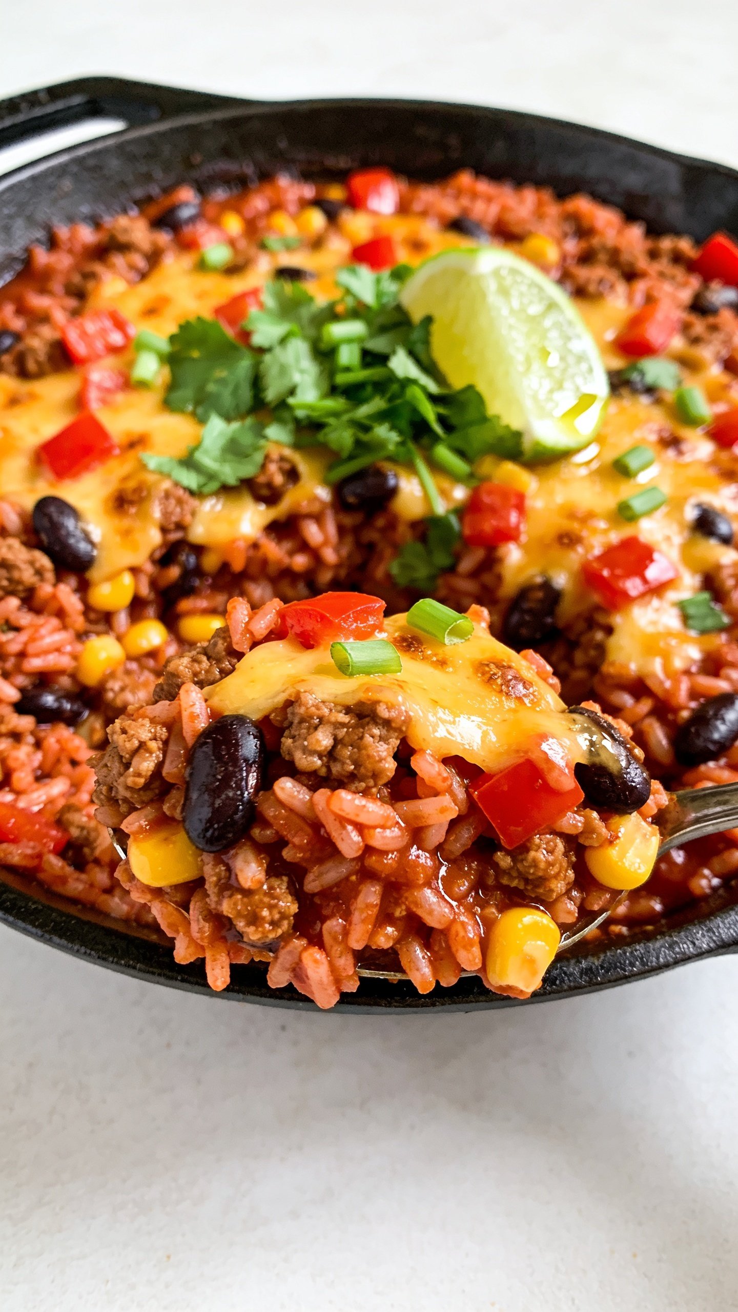 Extreme close-up angled overhead of a serving scooped to the front edge of the same skillet: deeply browned turkey crumbles intertwined with tender red rice grains, glossy chili-tomato sauce coating, plump black beans and sweet corn peeking through, scattered diced red bell pepper adding crunch, melted cheddar pooled and slightly blistered, fresh cilantro and green onion sprinkled on top with a light squeeze of lime glistening on the surface. Bright, clean daylight, shallow depth of field isolating the front mound, crisp textures and saturated colors, 90–95% frame filled by the dish, cohesive premium food-blog styling consistent with images 1 and