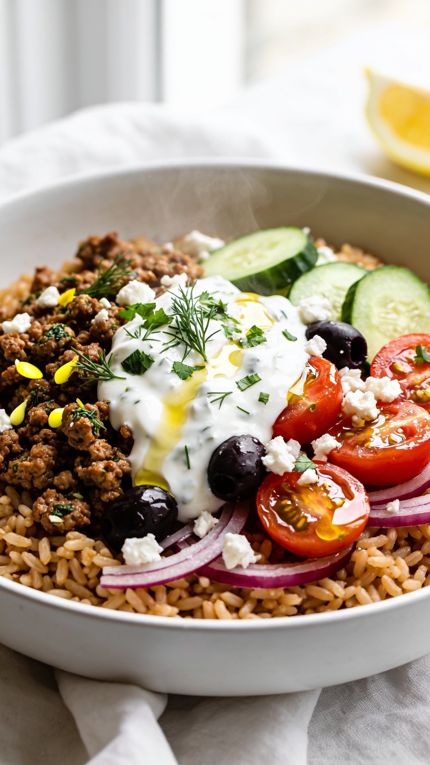 Extreme close-up hero shot of a High Protein Ground Turkey Greek Bowl: a wide, shallow white bowl filled 90–95% of frame with fluffy warm brown rice base, topped with juicy, browned and crumbled herby ground turkey (oregano, garlic, lemon zest), crisp Persian cucumber half-moons, halved cherry tomatoes glistening with olive oil, thin red onion slices, kalamata olives, a generous scatter of crumbled feta, and a big swoosh of thick, glossy tzatziki drizzled with extra-virgin olive oil and a sprinkle of fresh chopped dill and parsley. Bright natural window light, shallow depth of field, soft Mediterranean color palette, subtle steam visible from the warm turkey and rice, clean white linen and a faint lemon wedge blur in the background. Premium food-blog styling, vibrant colors, rich textures, no text.