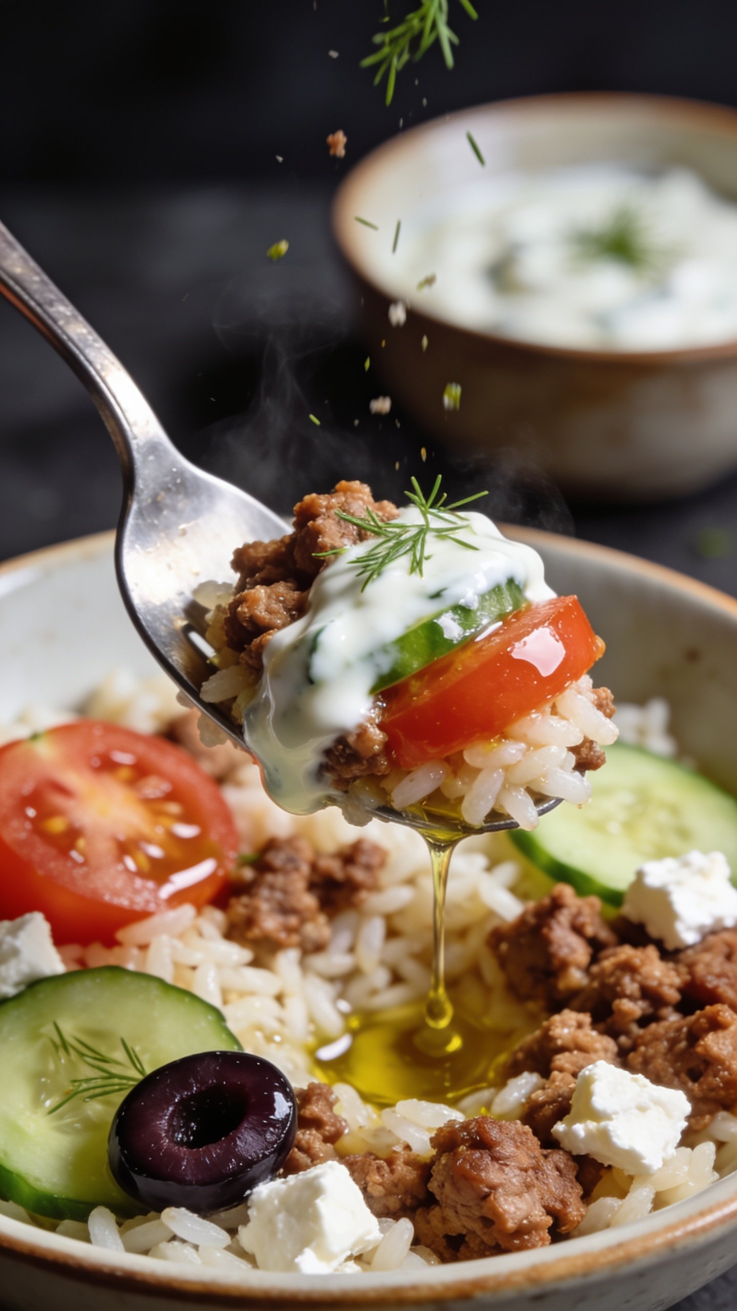 Dynamic action close-up capturing the perfect bite: a fork lifting a balanced mouthful from the same Greek bowl—juicy browned ground turkey crumbles clinging to fluffy rice, a glossy swipe of tzatziki coating the bite, a tomato half and a cucumber slice tucked in, one kalamata olive slice and a few feta crumbles catching the light, tiny flecks of dill falling midair. The bowl stays in the background with shallow depth of field; bright natural lighting highlights glistening olive oil and moist textures; subtle steam rising; no hands, only the fork visible; 90–95% of frame filled with food and the lifted bite; premium magazine-style drama and movement.