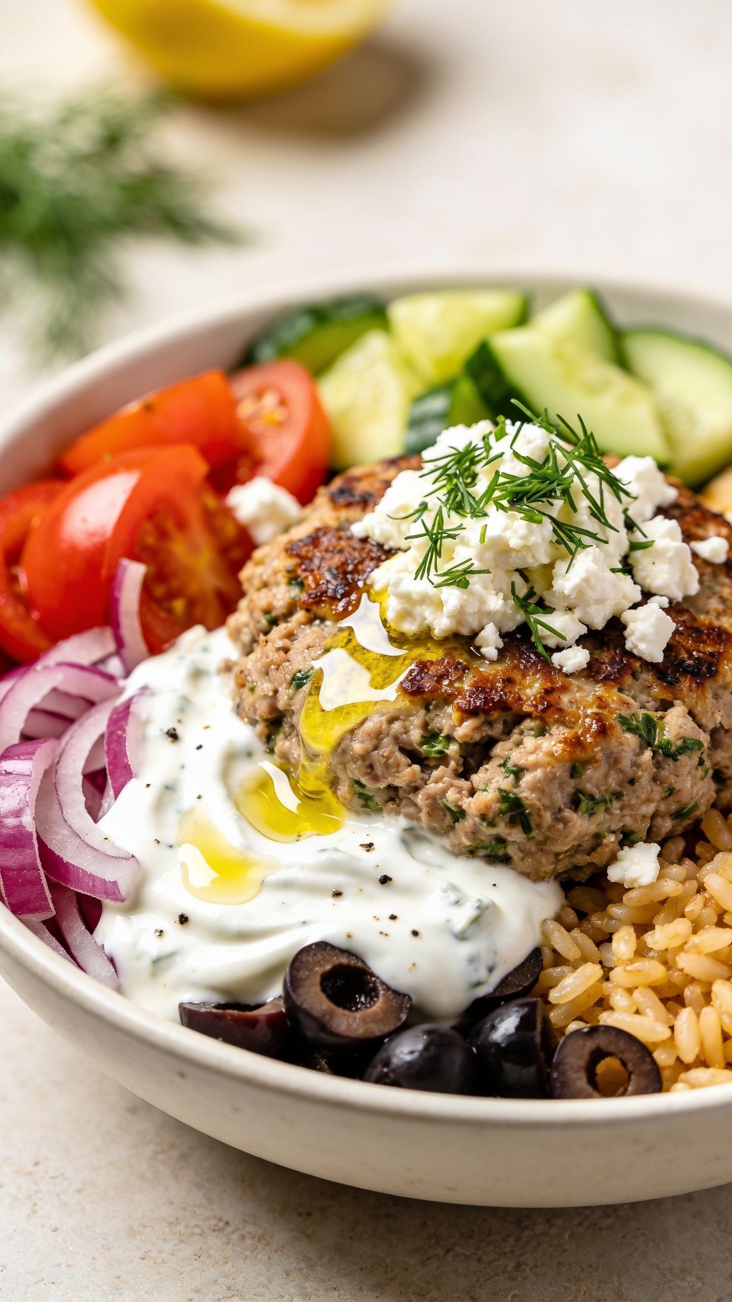 Ultra close-up side angle of the same finished bowl emphasizing textures: focus on the heaped herby ground turkey with caramelized edges and lemony sheen, creamy ripples of tzatziki pooling against the turkey, crumbled feta and chopped dill sprinkled over top, juicy tomatoes and crisp cucumbers along the rim, scattered red onion and olive slices, warm rice peeking through. A light olive oil drizzle catches highlights, tiny black pepper specks visible. Bright natural lighting, shallow depth of field, soft neutral surface and blurred lemon and herb sprigs in background. Food fills 90–95% of frame, cohesive with the hero shot, no text.
