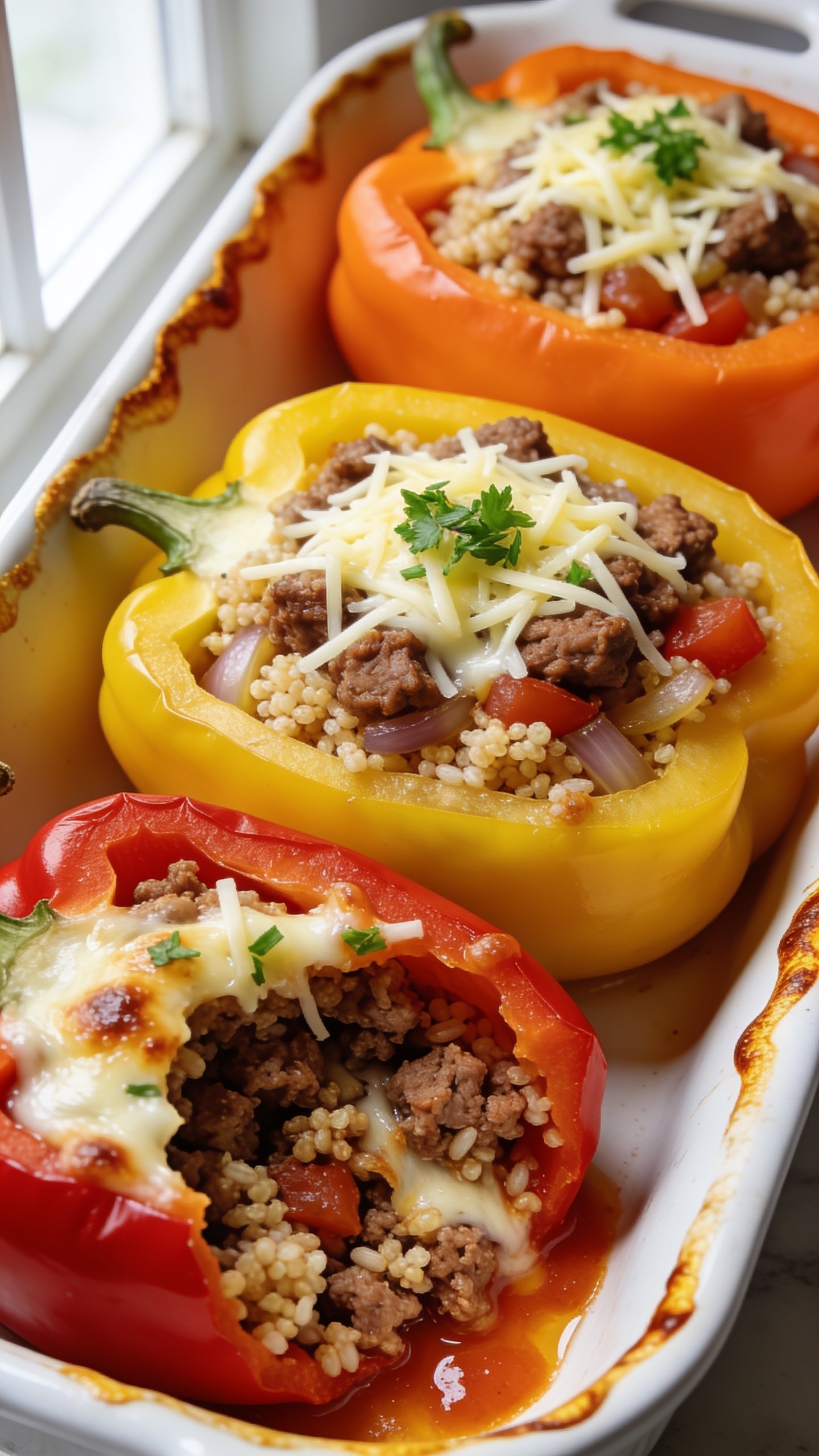 Ultra-close hero shot of freshly baked high-protein ground turkey stuffed bell peppers: halved red, yellow, and orange bell peppers filled with juicy browned ground turkey, fluffy quinoa/rice blend, sautĂŠed onions and tomatoes, topped with lightly melted shredded mozzarella and a sprinkle of chopped fresh parsley. Arrange three peppers snugly in a white enamel baking dish with golden, caramelized edges and glossy tomato juices pooling slightly. One pepper is cut open to reveal the moist, crumbled turkey and grains, cheese lightly blistered. Bright natural window light from the left, shallow depth of field, vibrant colors, food filling 90â95% of frame, no text, no hands.