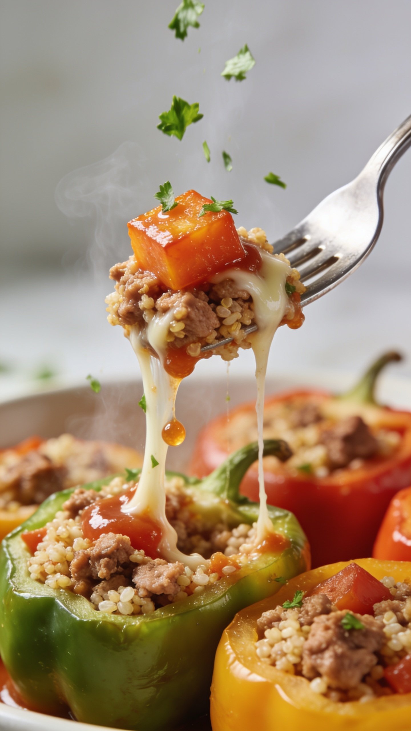 Dynamic action close-up: a silver fork lifting the perfect bite from a stuffed bell pepperâshow a cube of tender roasted bell pepper, crumbled juicy ground turkey bound with quinoa/rice, a ribbon of melted mozzarella stretching back to the pepper, tiny beads of glossy tomato juices clinging, and specks of fresh parsley falling midair onto the bite. Steam visible rising subtly, background softly blurred with the remaining stuffed pepper halves in the dish. Bright natural lighting, shallow depth of field, 90â95% food focus, no hands or faces, premium food-magazine energy.