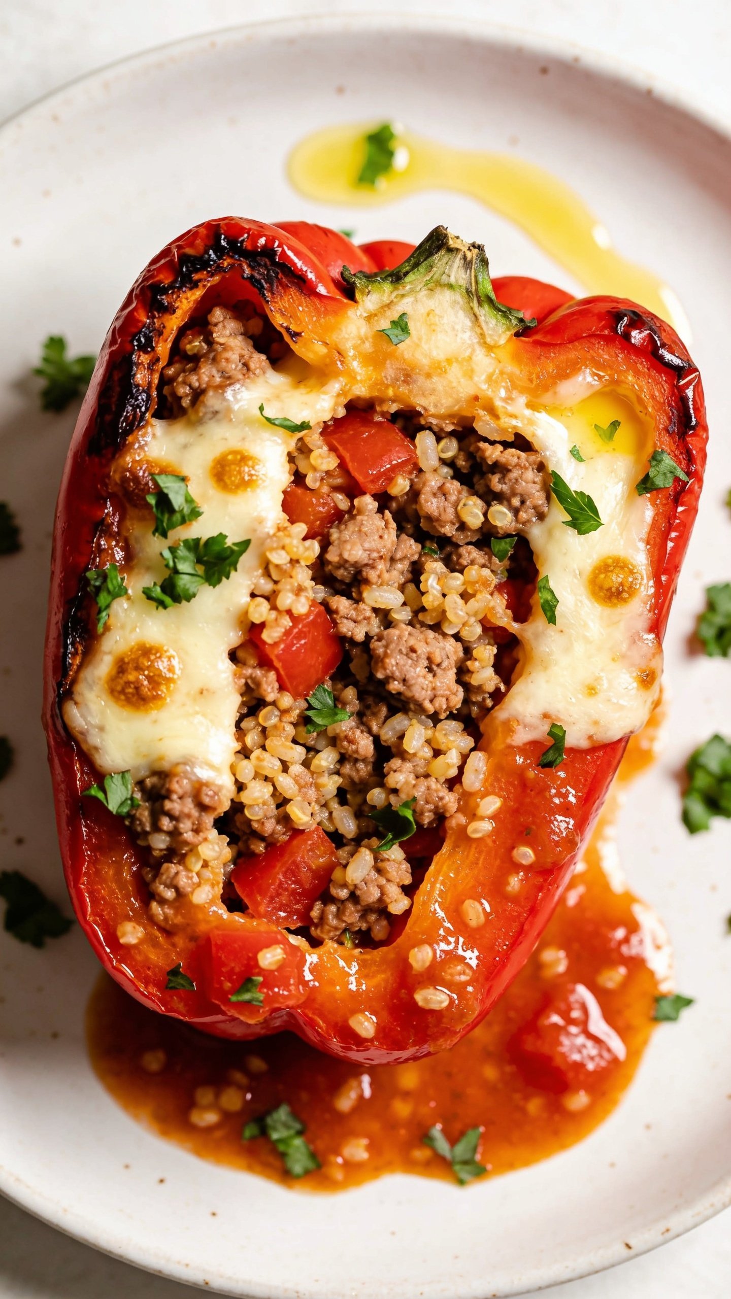Extreme close-up angle from slightly above a single stuffed red bell pepper on a white ceramic plate: focus on the cross-section showing moist, well-seasoned ground turkey mixed with quinoa/rice and diced tomatoes, edges of the pepper slightly charred and glossy, cheese melted into the crevices with a few golden spots, fresh parsley sprinkled over. A small pool of savory tomato-y juices glistens at the base, a lemony sheen of olive oil brushed on top. Bright natural light, shallow depth of field, saturated yet true-to-life colors, food filling 90â95% of frame, matching styling to images 1 and