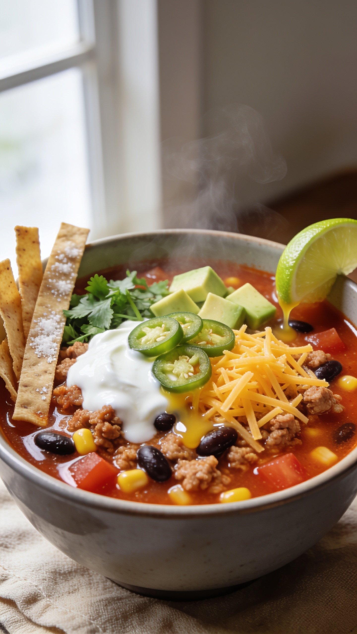 Ultra close-up hero shot of a steaming bowl of high-protein ground turkey taco soup, filling 90–95% of the frame. Rich tomato-chili broth with visible lean ground turkey crumbles, black beans, corn kernels, and diced tomatoes. Garnished identically in every shot: a generous dollop of Greek yogurt or sour cream melting slightly into the surface, a tight nest of shredded sharp cheddar partially melting, finely sliced fresh jalapeño rounds, chopped cilantro, a few buttery avocado cubes, and a squeeze wedge of lime resting on the rim. Optional baked tortilla strips tucked along one side, lightly salted. Bright natural window light from the left, soft bounce on the right, shallow depth of field focused on the glossy surface and melty cheese. Neutral matte ceramic bowl in warm gray, set on a textured linen in sand tone; background softly blurred. Colors vibrant, broth glossy, steam subtly visible.