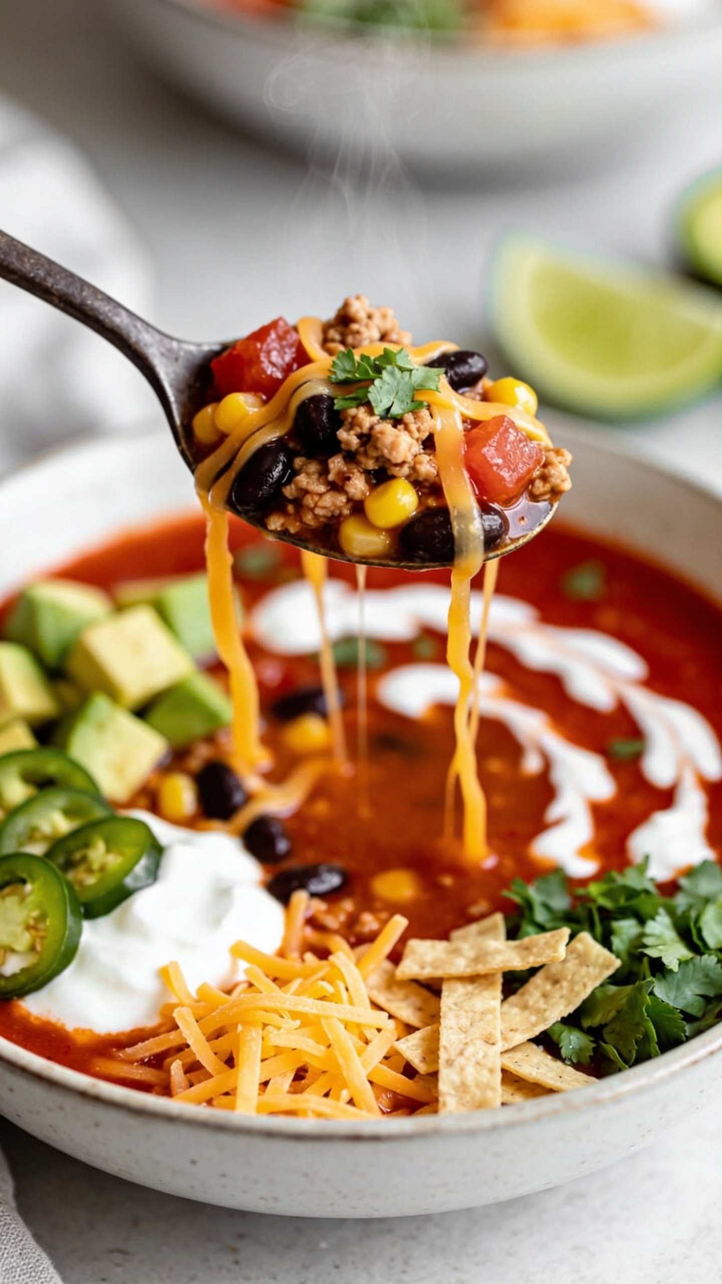Dynamic action close-up capturing the single most irresistible bite: a matte soup spoon lifting the perfect scoop of the same taco soup one second before it reaches the mouth. The spoon holds a cohesive bite with ground turkey crumbles, a few black beans, a pop of corn, a chunk of tomato, a ribbon of melted cheddar stretching softly back to the bowl, a swipe of Greek yogurt marbling into the red broth, and a fleck of cilantro on top. Visible steam rising. No hands or people—only the spoon and bowl. The bowl beneath shows the same consistent garnishes (Greek yogurt, shredded cheddar, jalapeño slices, avocado cubes, cilantro, lime wedge, tortilla strips). Bright natural light, shallow depth of field with the spoon’s contents tack-sharp and the bowl softly blurred, rich glossy textures and vibrant colors filling 90–95% of the frame.