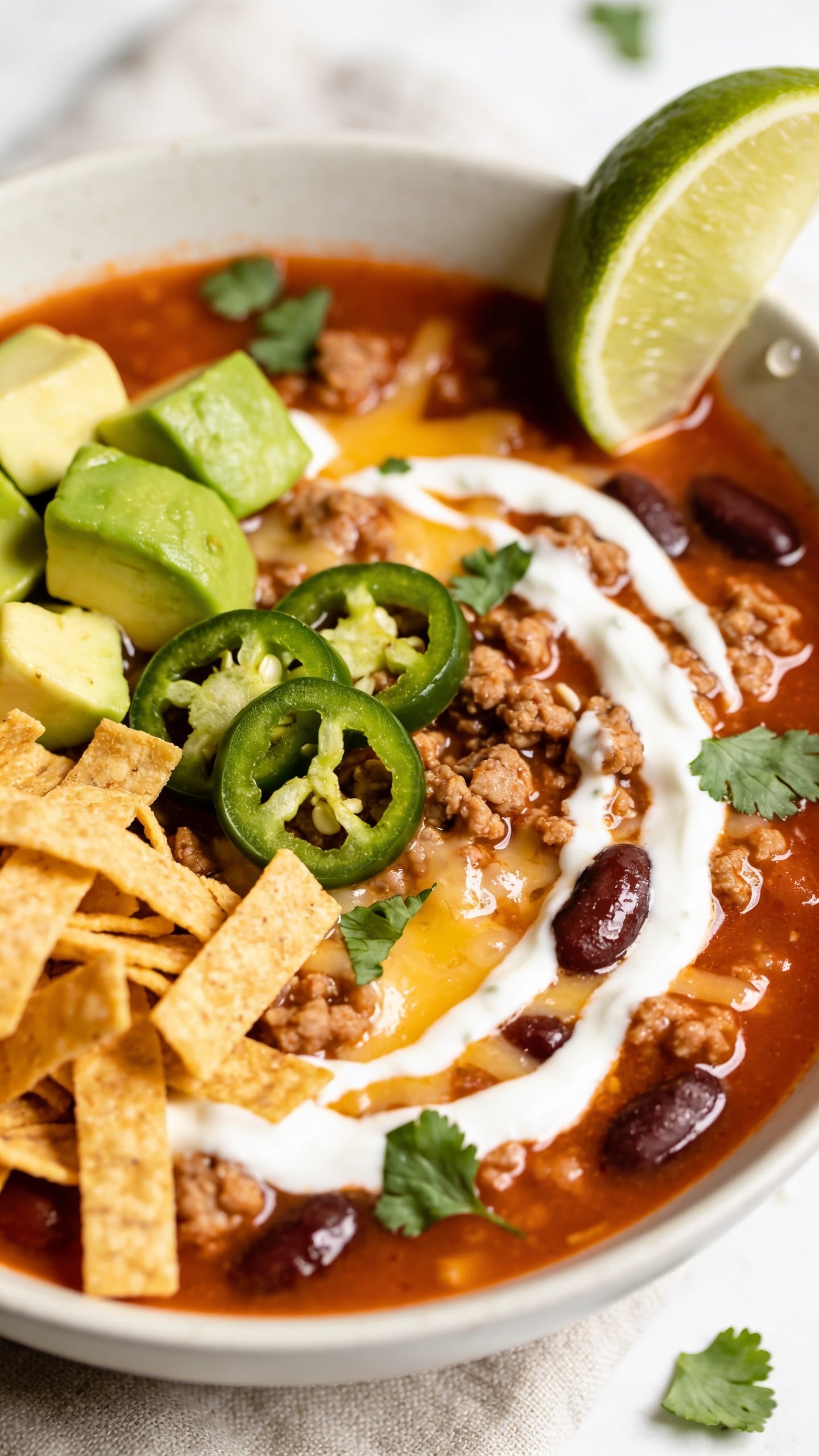Tight macro overhead-to-3/4 angle of the same finished taco soup emphasizing textures and toppings. Focus on the surface where the creamy Greek yogurt swirls into the tomato base, glistening ground turkey and beans peek through, cheddar partially melted with soft sheen, fresh jalapeño rings and cilantro scattered, avocado cubes creamy and vibrant, and a cluster of crisp baked tortilla strips adding crunch. Lime wedge on the rim with tiny droplets. Bright natural lighting, shallow depth of field isolating a small area of the bowl with the rest falling into a creamy blur. Food fills 90–95% of the frame, premium food-blog styling, consistent bowl and linen as in the hero for a unified shoot.