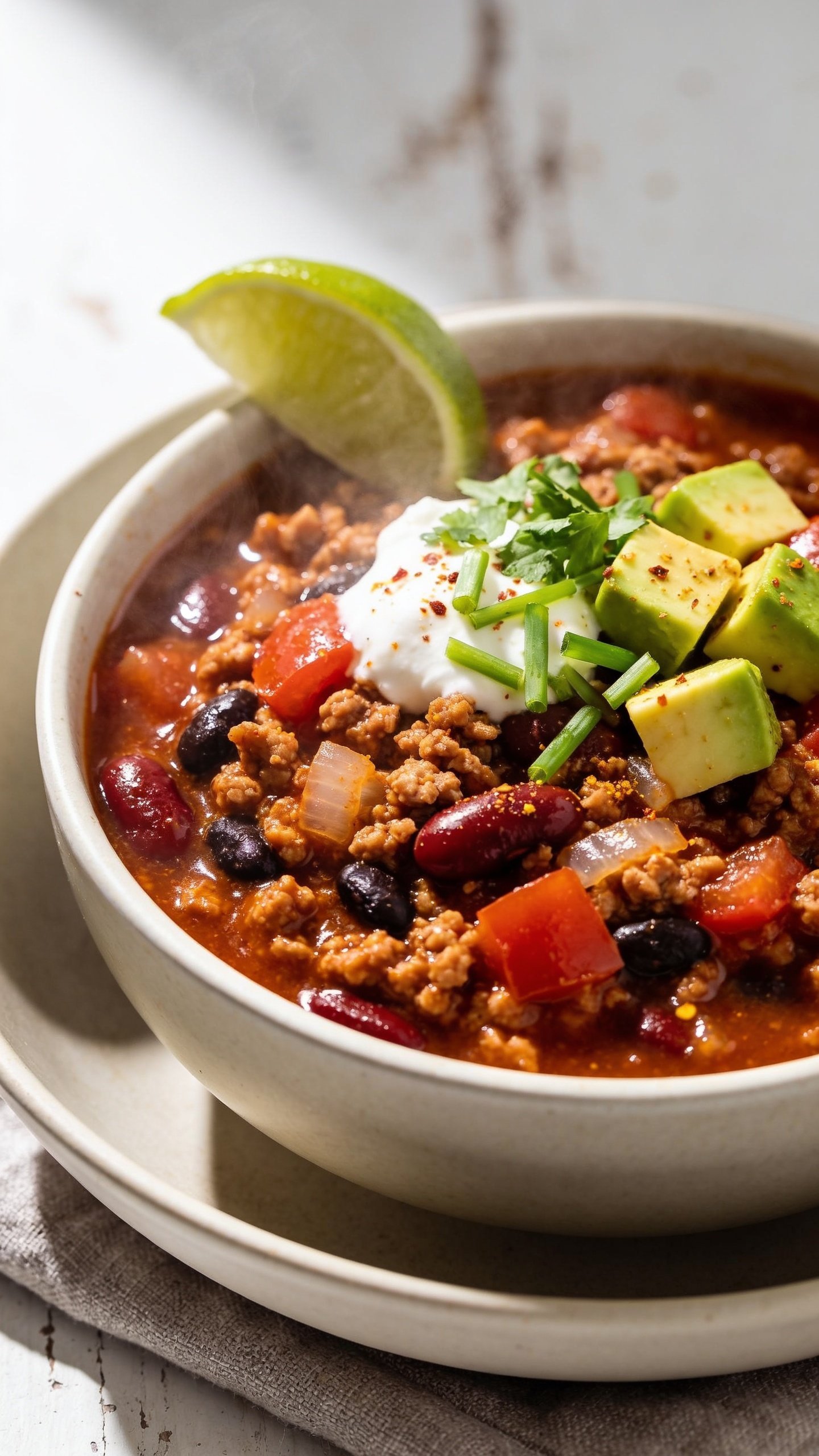 Ultra-close-up hero shot of a steaming bowl of high-protein ground turkey chili, rich brick-red and mahogany hues with glossy surface, visible lean turkey crumbles, tender red kidney beans and black beans, diced tomatoes, and soft translucent onions. Garnished consistently with a small dollop of Greek yogurt, a sprinkle of finely chopped cilantro, thinly sliced green onions, and a few avocado cubes; a single lime wedge resting on the rim. Served in a matte off-white ceramic bowl set in a shallow, matching bowl, with a warm gray linen beneath. Bright natural side lighting from the left, soft shadows, shallow depth of field, background softly blurred with a hint of rustic white table. Chili fills 90â95% of frame, emphasizing juicy textures, light sheen of chili, and tiny flecks of chili powder and cumin on the surface.