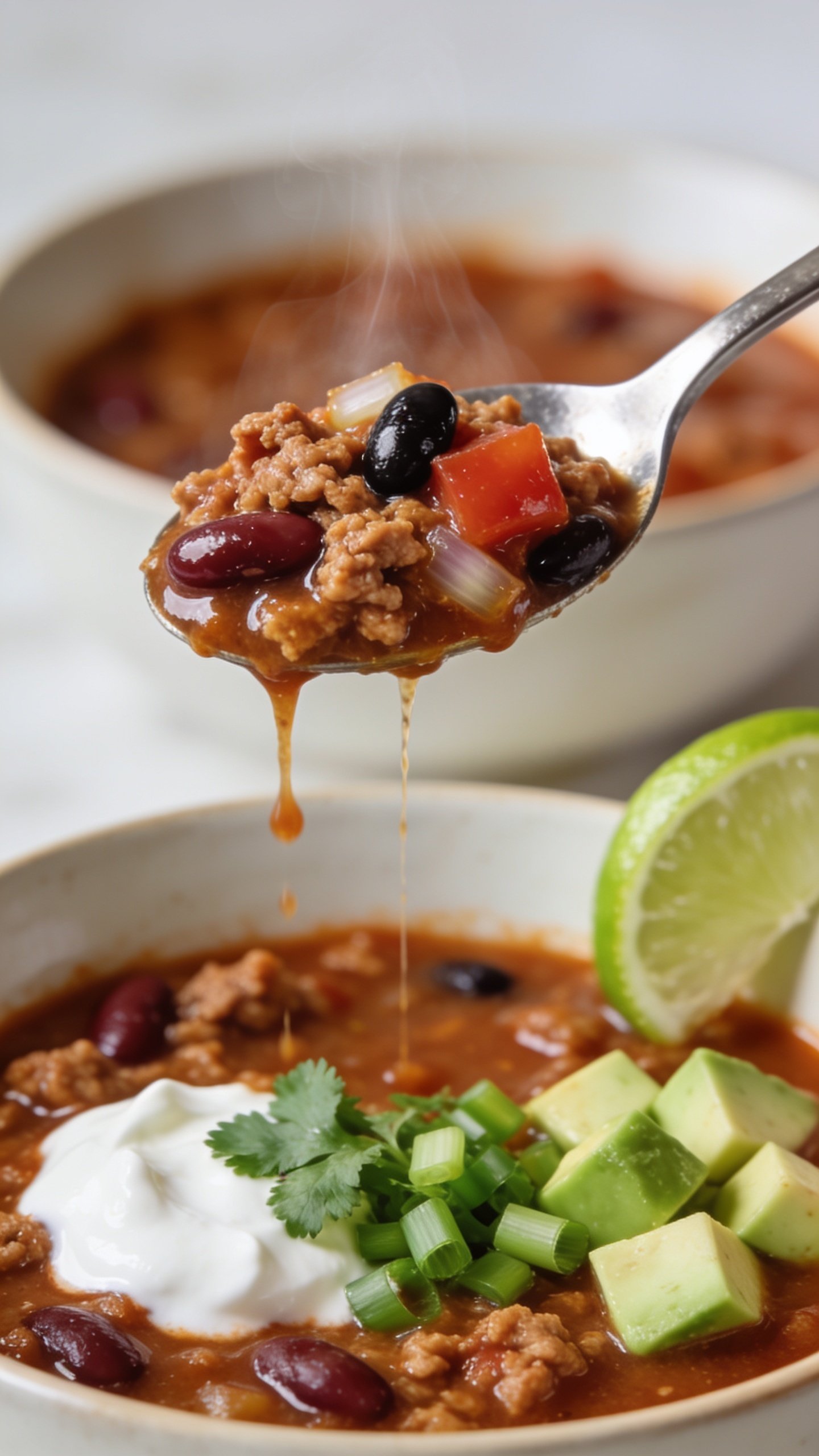 Dynamic action close-up of the same turkey chili, spoon lifting the perfect bite one inch above the bowl: a heaping, glossy spoonful showing lean turkey crumbles, a kidney bean, a black bean, a chunk of tomato, and a bit of onion, trails of thick chili clinging and a thin ribbon of steam rising. The same garnishes visible on the bowl below (Greek yogurt dollop, cilantro, green onion, avocado cubes, lime wedge on rim). Only the stainless-steel spoon is visibleâno hands. Bright natural light, shallow depth of field focusing on the lifted bite, background bowl blurred but recognizable; chili occupies 90â95% of frame, capturing movement and anticipation.