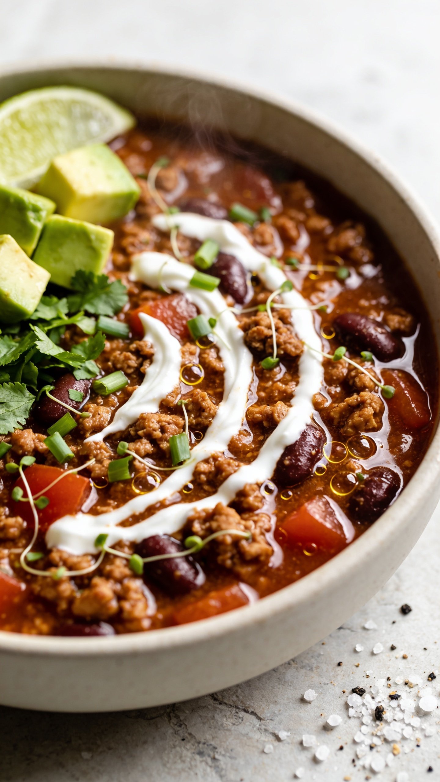 Extreme close-up angled top-down detail of the finished turkey chili showing a luscious, glossy surface with visible turkey crumbles, beans, tomato chunks, and micro-beads of chili oil catching the light. Consistent toppings: small swirl of Greek yogurt feathered into the chili, sprinkle of finely chopped cilantro and green onion, a few avocado cubes tucked at the edge, lime wedge peeking in. Tiny crystals of kosher salt and cracked black pepper visible, with a faint wisp of steam. Bright natural lighting, shallow depth of field, food filling 90â95% of frame, premium food-blog styling on a neutral ceramic bowl over a light stone surface.