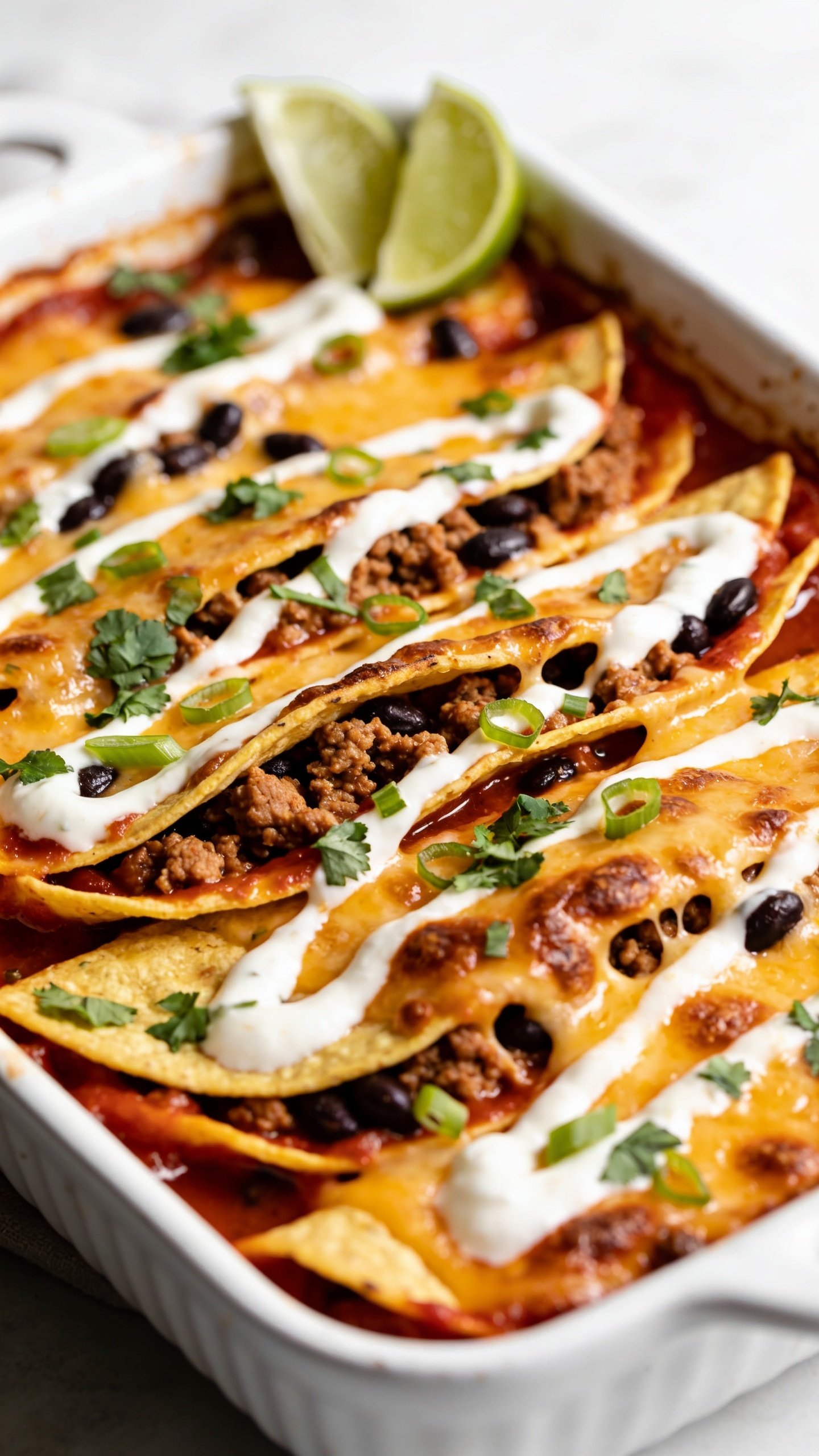 Ultra-close hero shot of a high-protein ground turkey enchilada bake just out of the oven in a white enamel baking dish: layered corn tortillas, juicy spiced ground turkey and black beans, swirls of creamy Greek yogurt and tangy red enchilada sauce baked in, a bubbling blanket of melted cheddar-jack cheese with browned, crispy edges, scattered fresh cilantro and thinly sliced green onions, a few lime wedges tucked at the rim for color. Cheese is glossy and lightly blistered, with saucy pockets visible between layers. Bright natural side light from the left, shallow depth of field, food filling 90â95% of frame, minimal neutral backdrop, premium food-blog styling.