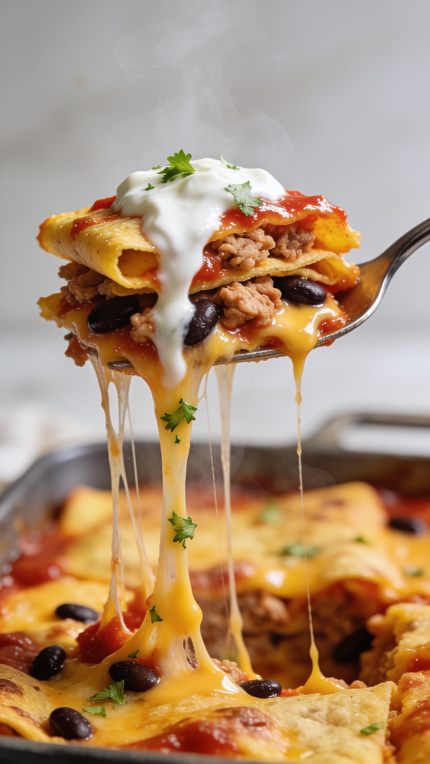 Dynamic action close-up capturing a fork lifting the perfect bite from the same enchilada bake: a stacked forkful showing strata of saucy corn tortilla, seasoned ground turkey and black beans, a ribbon of creamy Greek yogurt, and molten cheddar-jack stretching in long gooey strands from the pan below. Tiny flecks of cilantro cling to the cheese, with a sheen of red enchilada sauce glistening on the bite. Steam subtly rising, bright natural lighting, shallow depth of field with the pan blurred in the background, food filling 90â95% of frame, no hands visible, premium magazine-cover energy.