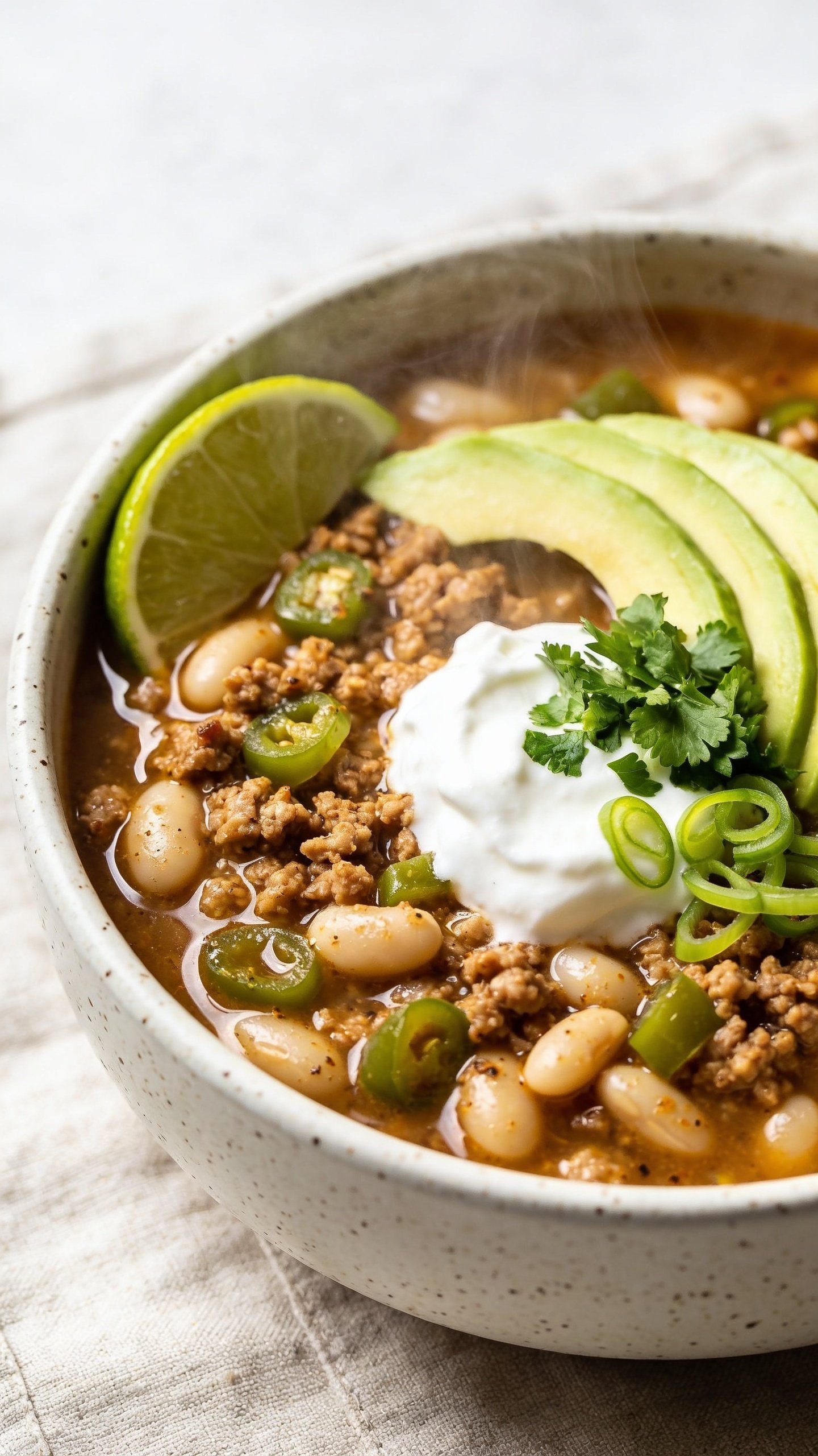 Ultra close-up hero shot of a steaming bowl of ground turkey white bean chili, filled 90â95% of the frame, finished recipe consistent across all images: crumbled browned ground turkey, creamy white beans, diced green chiles, visible cumin-speckled broth thatâs thick and slightly glossy (not watery), garnished with a generous dollop of Greek yogurt, ripe avocado slices fanned along one side, a sprinkle of chopped cilantro, thinly sliced green onion, and a wedge of lime tucked at the rim; served in a matte off-white ceramic bowl with a subtle speckle, on a light neutral linen; bright natural side lighting, shallow depth of field, steam gently rising, colors vibrant and fresh, premium food-blog styling.