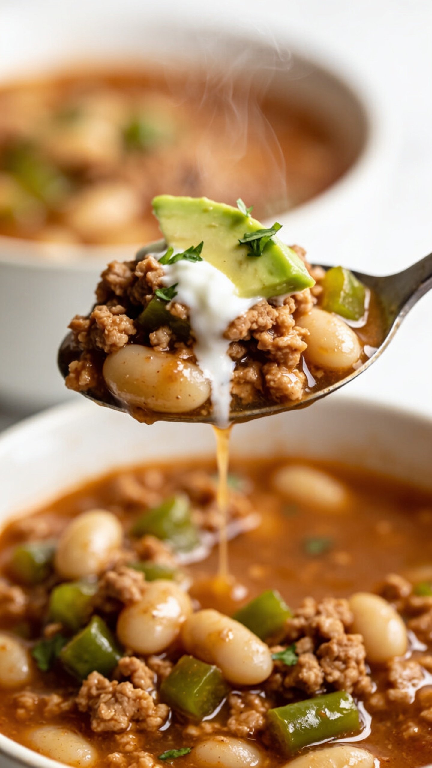 Dynamic action close-up capturing a spoon lifting the perfect bite of the same ground turkey white bean chili one second before it reaches the mouth: the spoon holds crumbled browned turkey, tender white beans, a bit of diced green chile, and a glossy, thick broth clinging to the ingredients; a small streak of Greek yogurt and a micro piece of avocado caught on the edge of the spoon, cilantro flecks visible; steam rising, bright natural light, shallow depth of field with the bowl of matching chili blurred in the background to confirm consistency; no hands or people visible, food filling 90â95% of frame, movement and anticipation emphasized.