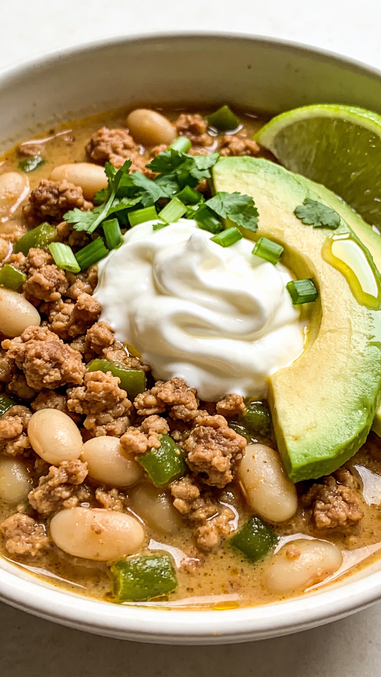 Extreme close-up overhead 3/4 angle of the same finished ground turkey white bean chili emphasizing texture: browned turkey crumbles, creamy white beans, emerald green chile bits, and a cohesive, slightly creamy, cumin-scented broth; toppings identicalâdollop of Greek yogurt with soft swirls, avocado slices with clean edges and light sheen, chopped cilantro and green onion scattered naturally, a lime wedge at the rim; a light drizzle of olive oil adding subtle gloss; bright natural lighting, shallow depth of field, food occupying 90â95% of frame, premium food-blog styling on a minimal neutral background.
