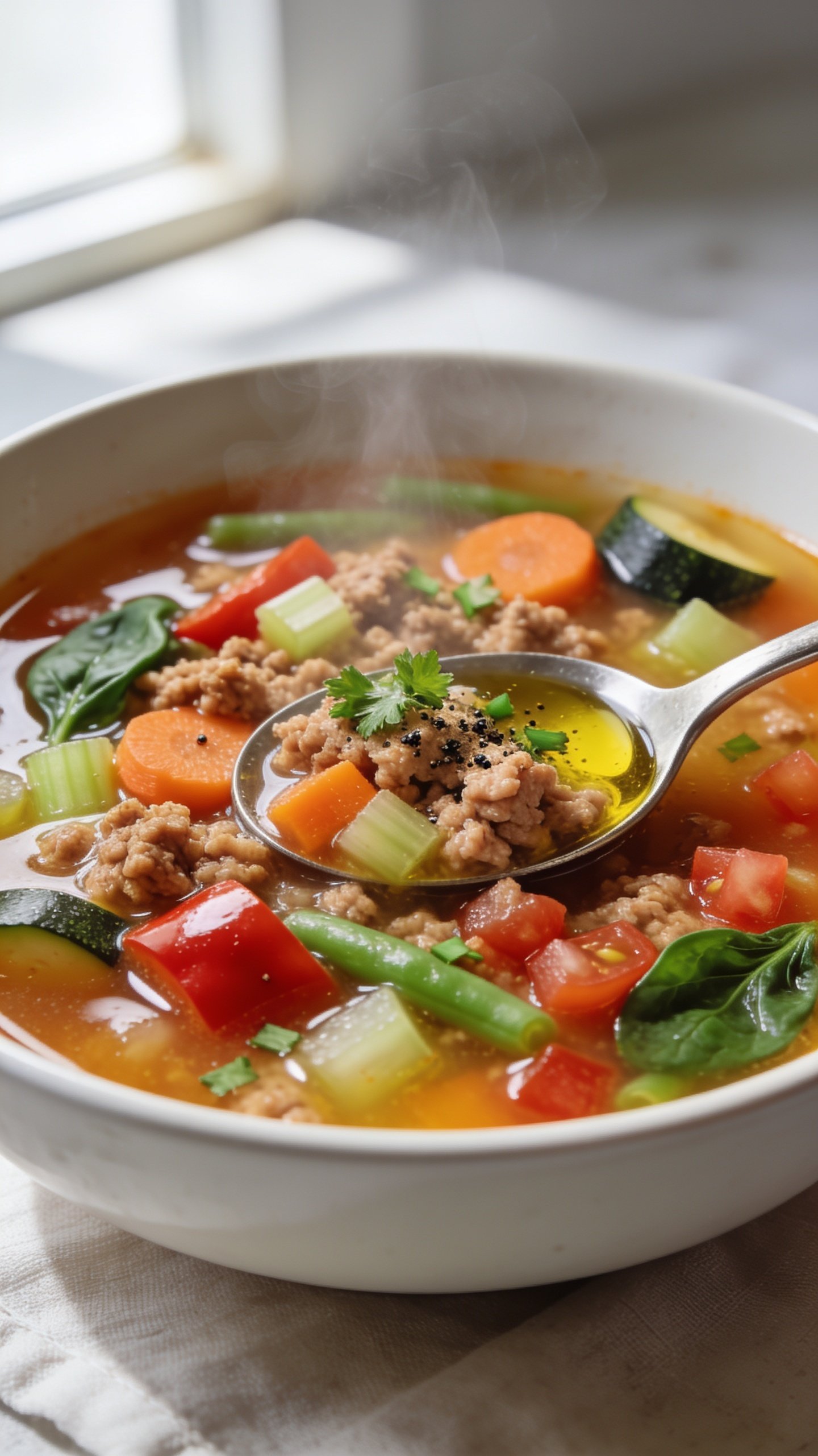 Ultra-close hero shot of a steaming bowl of high-protein ground turkey vegetable soup, filling 90–95% of the frame, in a matte white shallow soup bowl on a light linen. Clear golden-tomato broth with glossy sheen, generous crumbles of browned ground turkey, coin-cut carrots, diced celery, red bell pepper, zucchini, green beans, and petite diced tomatoes; a few baby spinach leaves just wilted for a pop of green. Finished with a drizzle of olive oil, a sprinkle of chopped fresh parsley, and a crack of black pepper. Bright natural window light from the left, soft shadows, shallow depth of field with the front rim and central spoon area sharply in focus. Clean, modern food-blog styling, no text, no hands, minimal props (blurred neutral background).