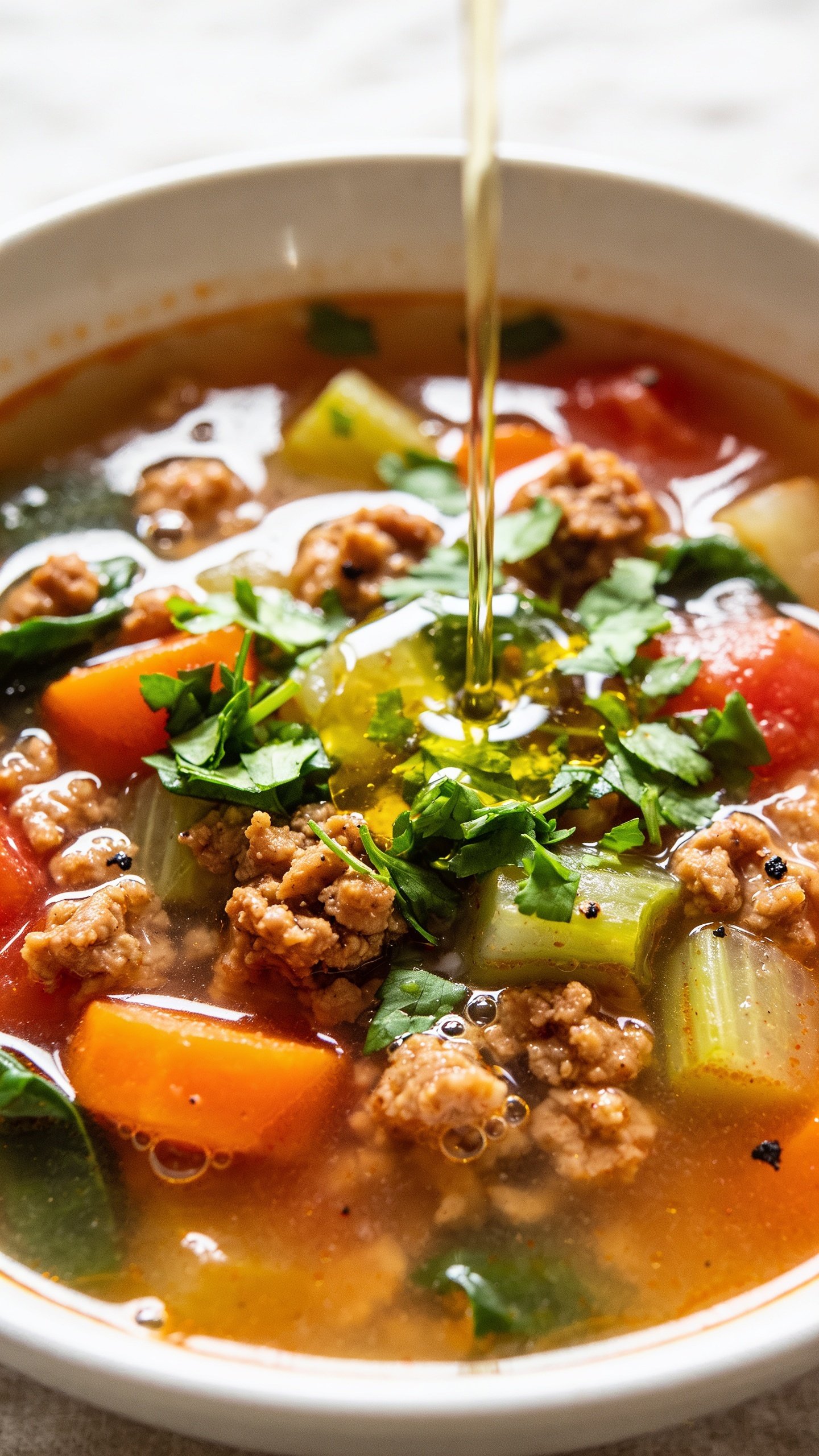 Tight overhead-angled close-up of the finished soup emphasizing textures and colors: the bowl nearly edge-to-edge with vibrant vegetables and browned turkey crumbles suspended in a clear, slightly tomato-tinted broth. Freshly chopped parsley and a drizzle of olive oil just added, a few black pepper flecks visible, tiny bubbles of fat sparkling on the surface. Bright natural light, shallow depth of field focusing on the center quadrant, soft falloff to the edges, minimal neutral background blur to keep all attention on the rich, hearty ingredients.