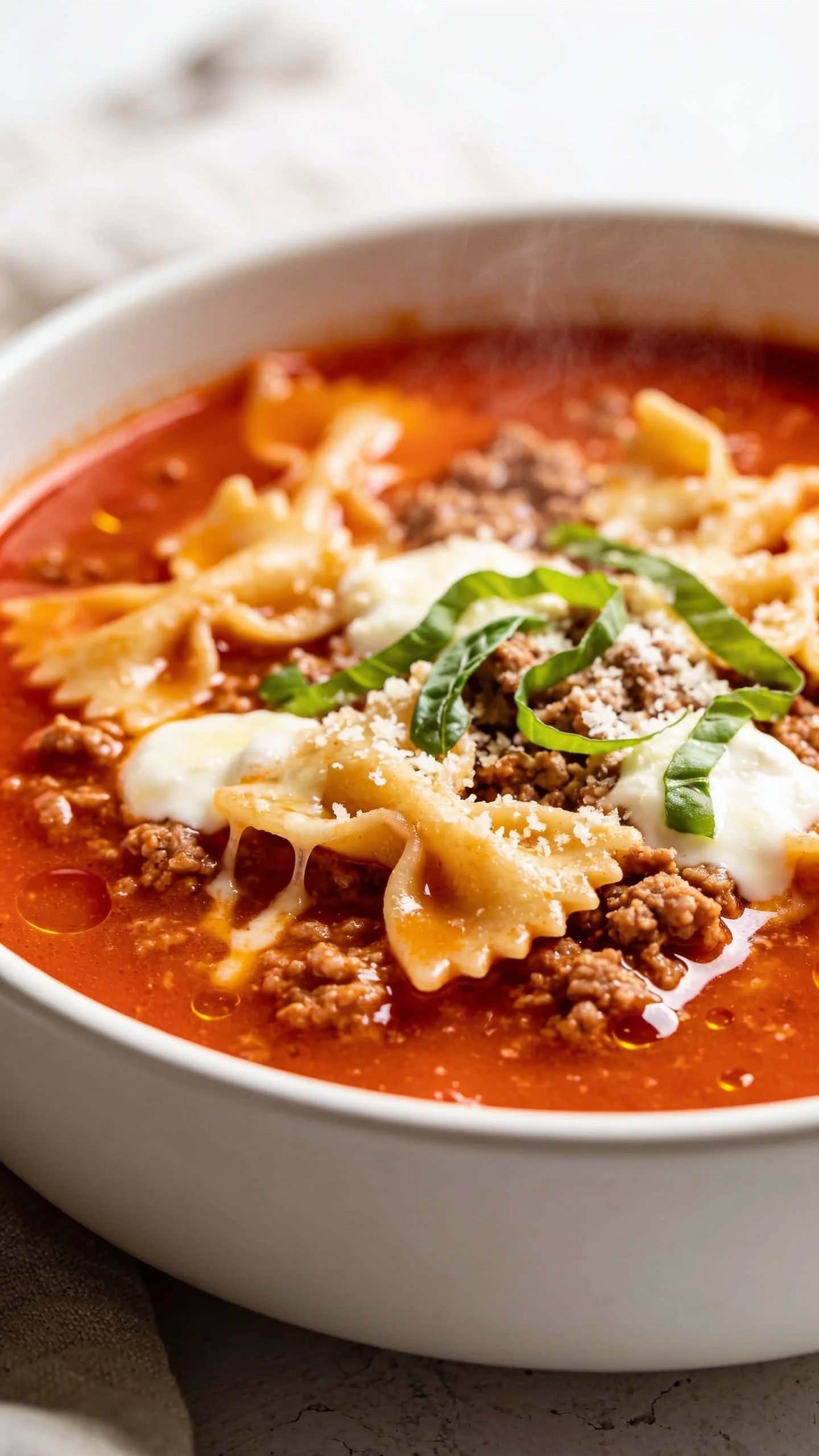 Ultra-close hero shot of high-protein ground turkey lasagna soup in a matte white, wide soup bowl, filling 90–95% of the frame. Thick, tomato-rich broth with visible crumbles of browned ground turkey, torn ruffled lasagna noodle pieces, melted mozzarella puddles with gentle cheese stretch across the surface, a dusting of freshly grated Parmesan, and bright green ribbons of fresh basil scattered on top. Edges of noodles slightly curled, glossy red-orange sheen of broth, tiny beads of olive oil glistening. Bright natural side light, shallow depth of field, soft linen and a rustic white surface blurred in the background. Steam subtly rising, colors vibrant and warm, premium food-blog styling.