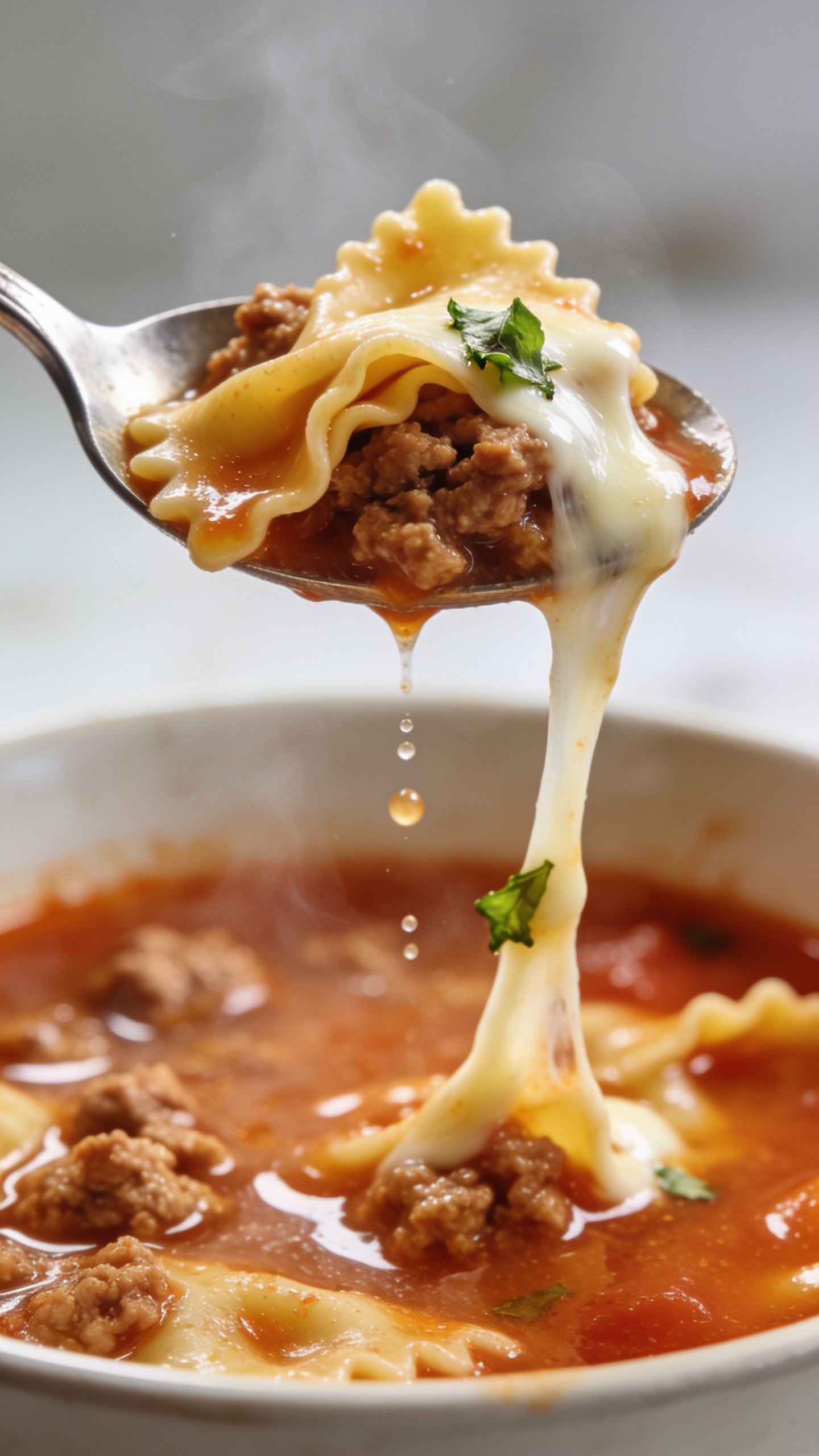 Dynamic action close-up: a soup spoon lifting the perfect bite from the same bowl of high-protein ground turkey lasagna soup, suspended one second before the mouth. The spoon holds a folded piece of ruffled lasagna noodle, juicy browned ground turkey, a stretchy strand of melted mozzarella connecting back to the bowl, and a glossy coating of tomato broth clinging to everything. A few flecks of basil stick to the cheese, with micro droplets of broth mid-air. Background shows the bowl of soup blurred, steam faintly rising. Bright natural lighting, shallow depth of field, intense textures and gloss, food filling 90–95% of the frame, no hands visible.