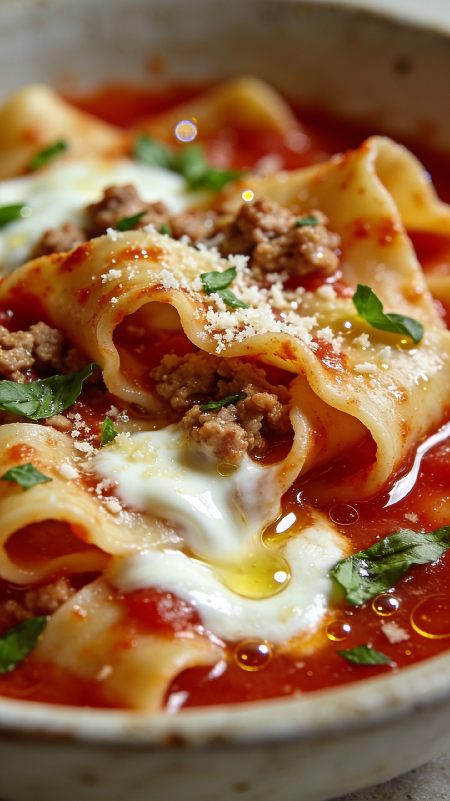 Extreme close-up from a 45-degree angle focusing on the surface of the same lasagna soup: overlapping noodle pieces with softly curled, sauce-stained edges, crumbles of ground turkey nestled between, shiny tomato broth pooling and catching light, molten mozzarella swirled in creamy patches, and a final sprinkle of grated Parmesan melting in, dotted with fresh basil confetti. Emphasize rich reds, creamy whites, and vivid green herbs, tiny oil droplets sparkling. Bright natural light, shallow depth of field, minimal background blur of a neutral ceramic bowl to keep continuity, premium, mouthwatering texture detail.