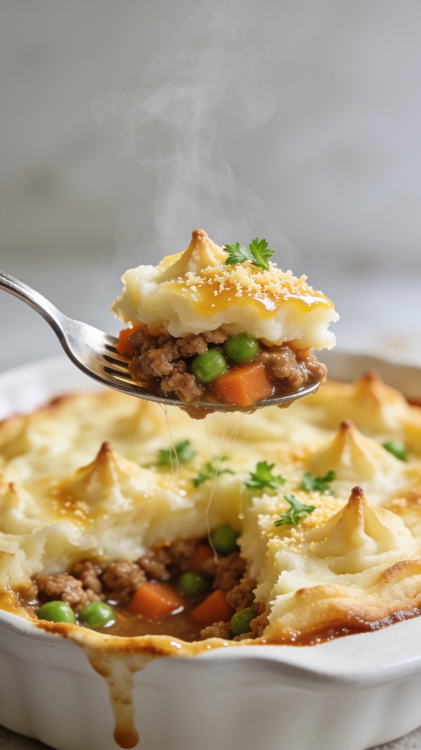Dynamic action close-up capturing a fork lifting the perfect bite one inch above the dish, 90â95% frame filled with food. The fork tines cradle a layered bite: fluffy golden-tipped mashed potatoes with melted parmesan gloss on top, a juicy spoonful of saucy ground turkey studded with peas and carrots underneath, strands of steam rising. The lifted bite is in crisp focus, the remaining shepherdâs pie in the white baking dish blurred softly behind, with the gravy glistening at the cut edge. Bright natural light, shallow depth of field, fresh parsley flecks visible on the potato peaks. No hands visible, just the fork and the irresistible, steaming bite midair.
