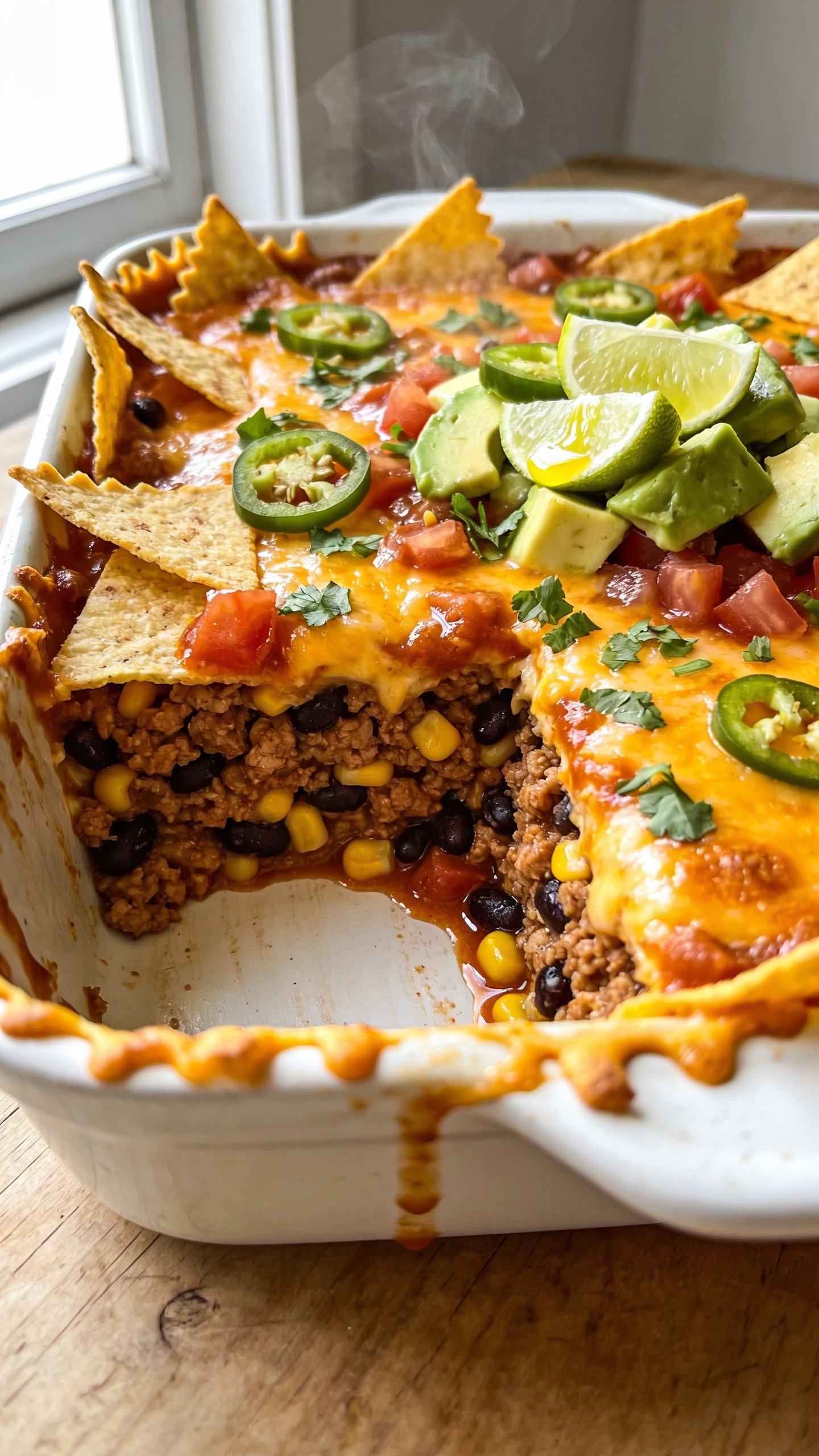 Extreme close-up hero shot of a freshly baked high-protein ground turkey taco casserole in a white enamel baking dish, filling 90â95% of the frame. Layers clearly visible where one square has been cleanly removed: toasted corn tortilla strips, saucy spiced ground turkey, black beans, sweet corn, diced tomatoes, and a bubbling golden-brown melted Mexican cheese blend on top. Garnished with finely chopped cilantro, thinly sliced jalapeĂąo, and a few diced avocado pieces with a squeeze of lime sheen. Glossy salsa-like juices pooling slightly at the cut edge, crispy cheese frills around the rim, and visible steam rising. Bright natural window light from the left, shallow depth of field, rustic light wood surface, premium food-blog styling.