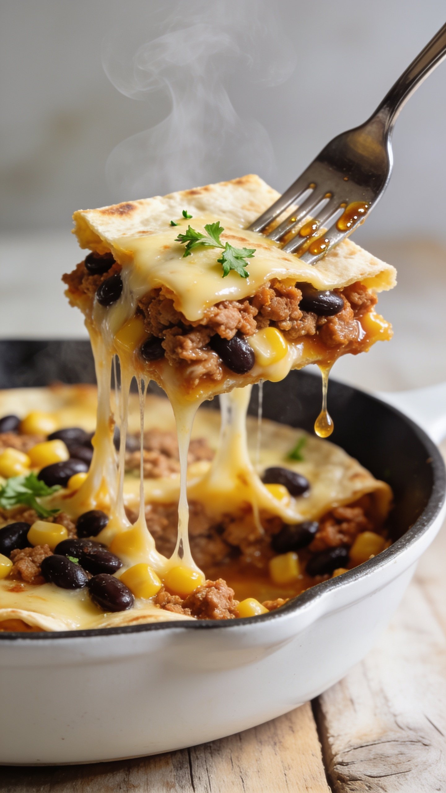 Dynamic action close-up of the same casserole during the perfect bite: a polished fork lifting a gooey, generous square-edge bite straight from the pan. The lifted bite shows distinct layersâtender tortilla, juicy spiced ground turkey, black beans, corn, and stretchy melted cheese pulling in long strands from the dish below. Tiny flecks of cilantro cling to the cheese; a few droplets of glossy taco juices glisten on the forkâs tines. Steam curls upward. Background softly blurred but consistent with the same white dish and rustic light wood. Bright natural lighting, shallow depth of field, food filling 90â95% of frame, no hands visible.