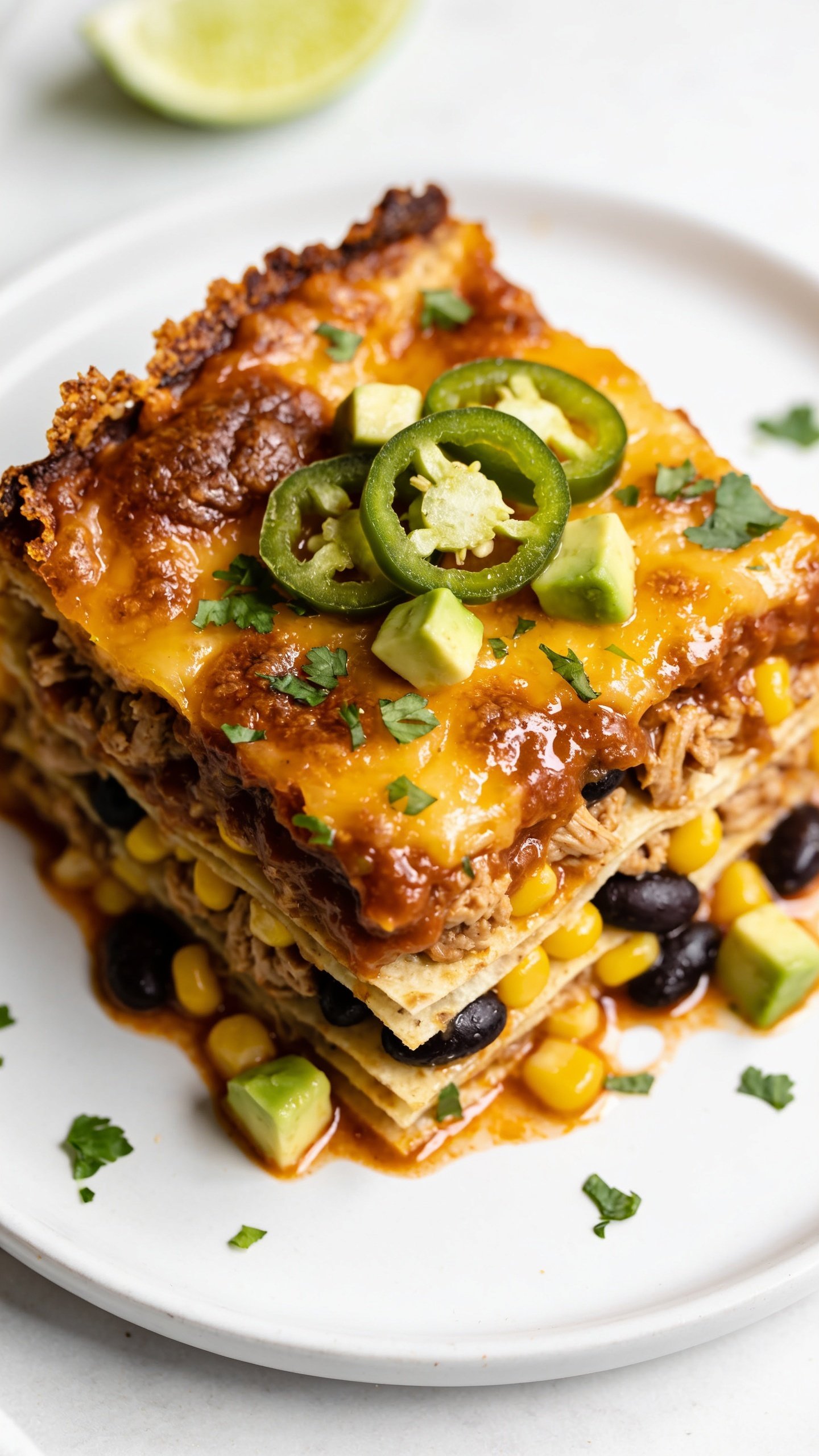 Ultra-close overhead-angled macro of a neatly plated square of the same casserole on a matte white plate, cropped tight to fill the frame. Emphasize textures: browned, bubbly cheese top with crispy edges, moist saucy turkey layer shimmering, intact black beans and corn pops, tender tortilla strata like lasagna. Finishing touches match the hero: fine cilantro confetti, a few thin jalapeĂąo rings, tiny avocado cubes, and a light gloss from a brushed-on salsa or pan juices around the base. A lime wedge slightly out of focus in the background. Bright natural light, shallow depth of field, vibrant Tex-Mex colors, premium styling consistent with images 1 and