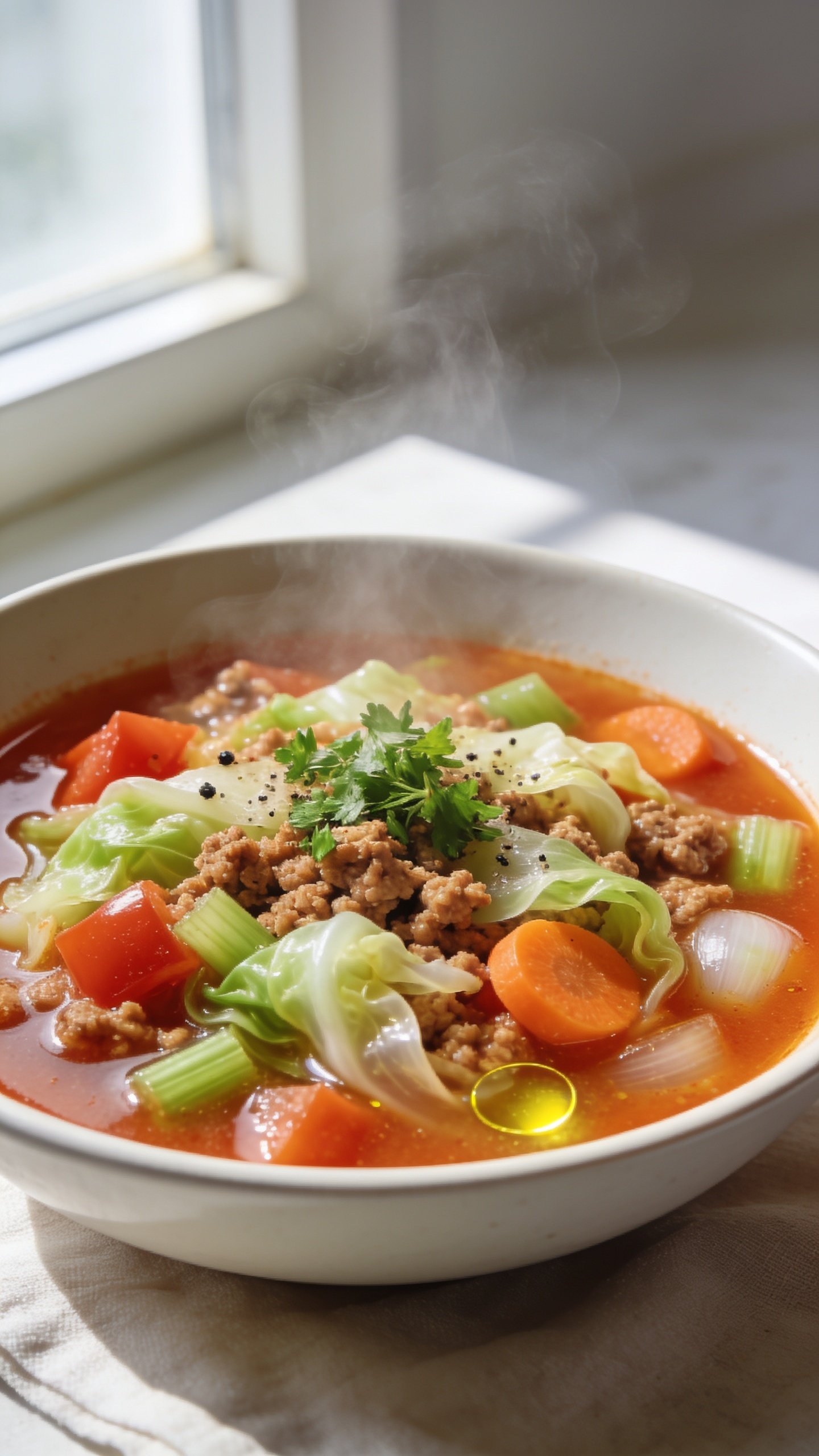 Ultra-close hero shot of a steaming bowl of high-protein ground turkey cabbage soup, 90â95% of the frame filled with the soup in a matte white shallow soup bowl set on a light linen. Rich tomato-based broth with visible browned ground turkey crumbles, tender translucent ribbons of green and pale cabbage, diced tomatoes, carrot coins, celery, and onions, all glistening with a light sheen of olive oil. Garnished with a sprinkle of freshly chopped parsley, a few cracks of black pepper, and a squeeze of lemon oil shine on the surface. Bright natural window light from the left, gentle shadows to the right, shallow depth of field blurring the rim and background. No text, no hands, clean premium food-blog styling, consistent look for all images.