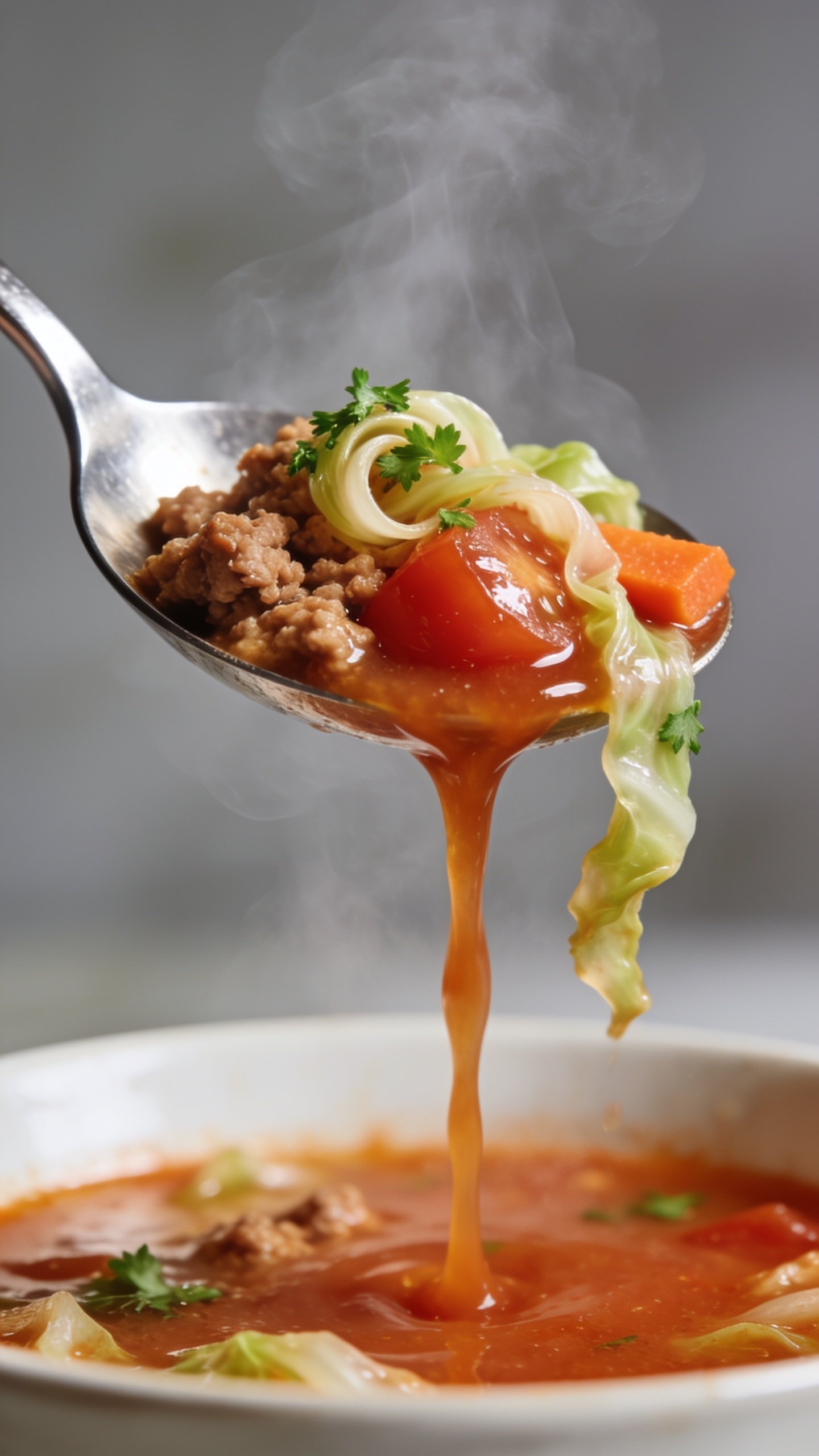 Dynamic action shot: a stainless steel soup spoon lifting the perfect bite from the same bowl of high-protein ground turkey cabbage soup, captured one second before it reaches a mouth. The spoon holds a glistening scoop with visible browned turkey crumbles, a curled ribbon of tender cabbage, a juicy tomato piece, and a bit of carrot, with glossy tomato broth streaming back into the bowl in a thin ribbon. Wisps of visible steam rise, fresh parsley flecks cling to the spoonful, and the surface of the soup in the bowl stays in soft blur. Bright natural lighting, shallow depth of field, food filling 90â95% of the frame, no hands or people, premium magazine-style anticipation and movement.