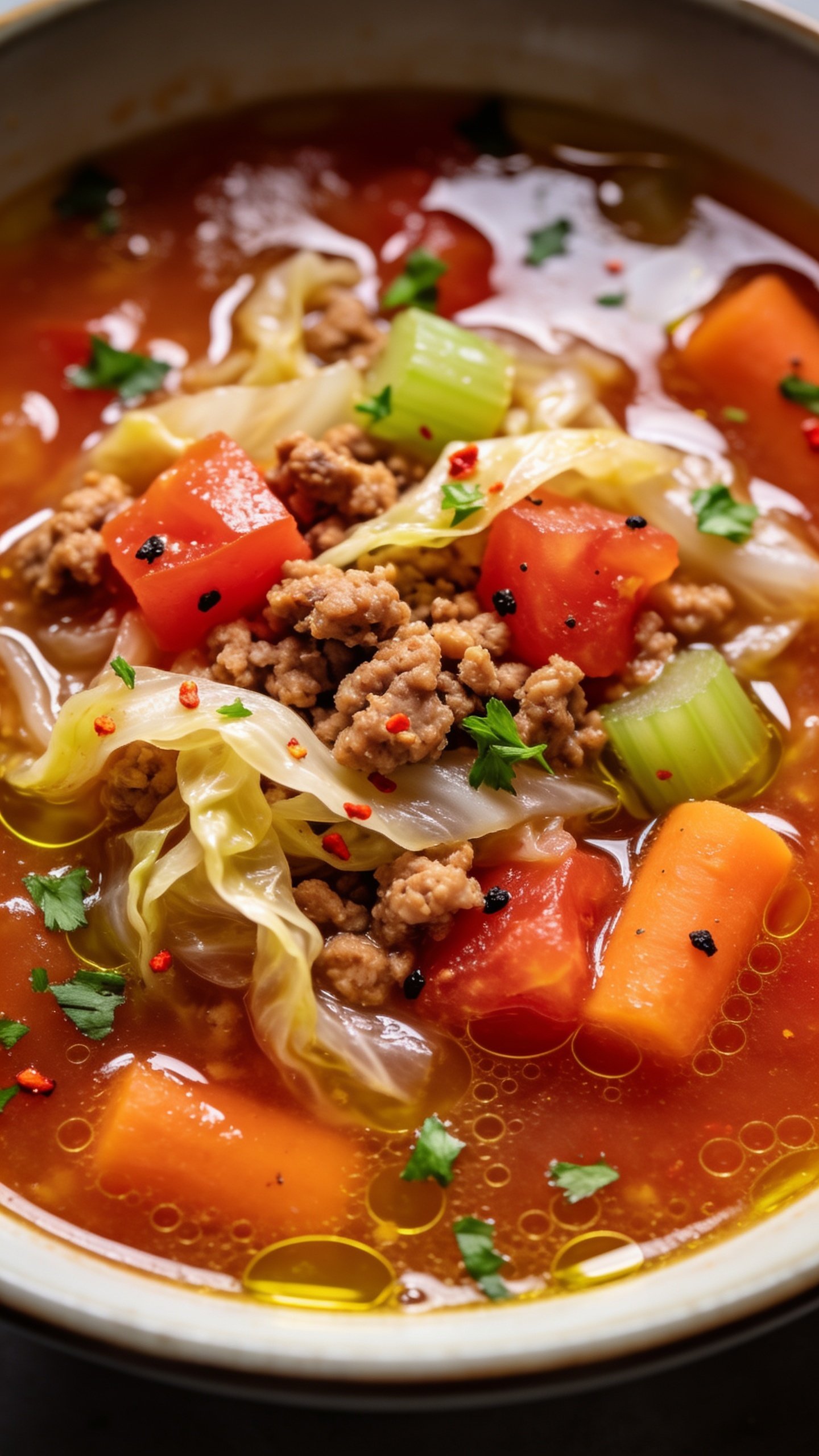 Extreme close-up angled top-down detail of the same finished soup emphasizing textures: glossy tomato broth with micro-bubbles of olive oil, browned turkey crumbles nestled among silky cabbage strands, diced tomatoes bursting with color, tender carrots and celery, tiny specks of black pepper and red pepper flakes, and a final scatter of freshly chopped parsley. The bowl rim barely visible, focus locked on the center with edges softly blurred. Bright natural side light highlighting the sheen and moisture, shallow depth of field, food occupying 90â95% of the frame, cohesive styling matching the first two images.