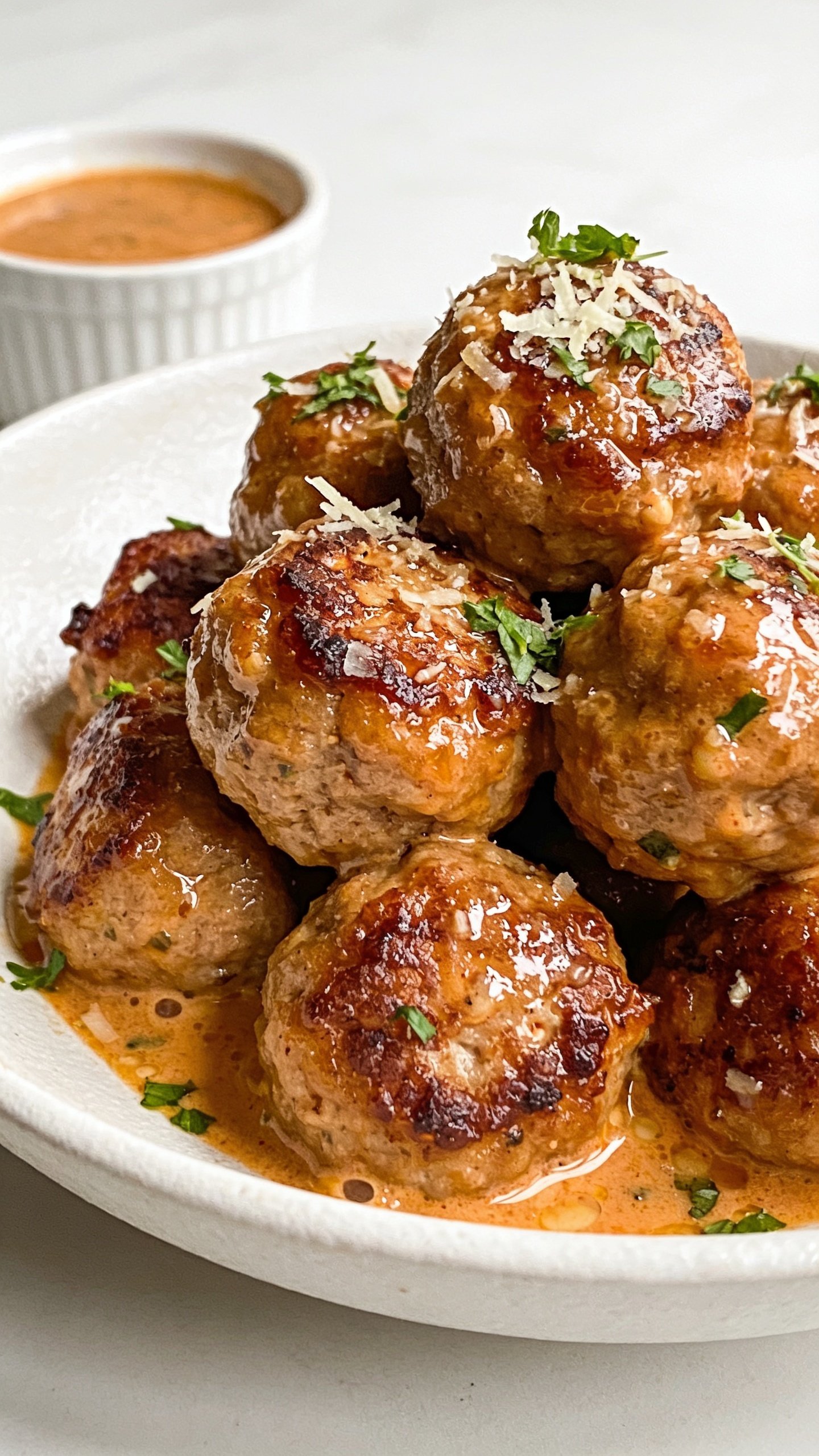 Ultra-close-up hero shot of a plate piled with glossy, oven-baked high-protein ground turkey meatballs, all uniform in size with lightly caramelized, crispy edges and a deep golden-brown sear. The meatballs are lacquered in a light, garlicky tomato-pan sauce that clings and glistens, with tiny bubbles of reduced juices. A sprinkle of freshly chopped parsley and micro-grated Parmesan dusts the top. Set on a matte white shallow bowl to make the rich colors pop, with a small ramekin of extra sauce blurred in the background. Bright natural window light from the side, shallow depth of field, food filling 90â95% of frame, premium food-blog styling emphasizing juicy texture and steam-soft sheen.