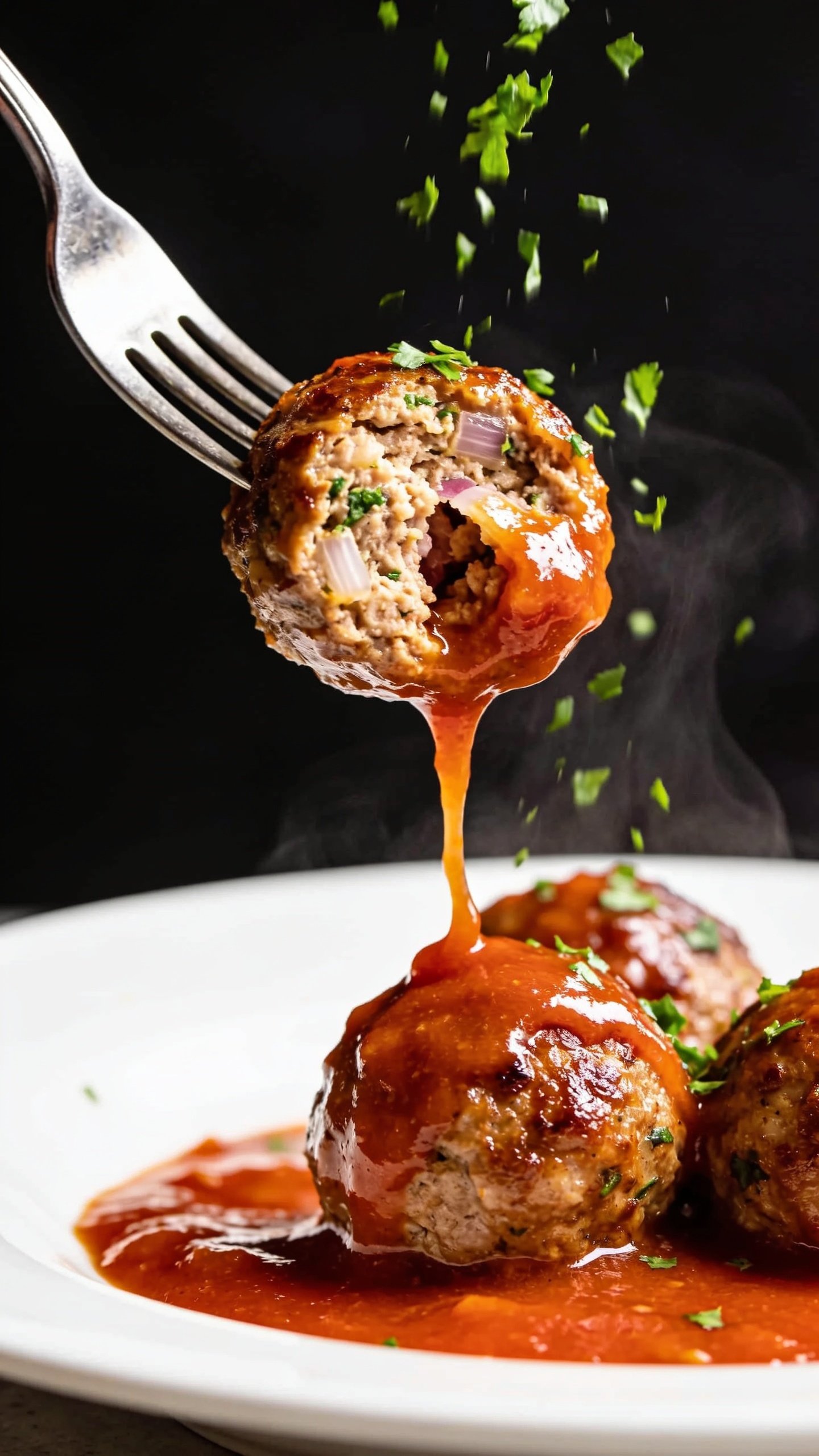 Dynamic action close-up capturing a fork lifting the perfect bite: one glossy turkey meatball speared and raised just above the plate, strands of silky tomato-pan sauce stretching from the meatball back to the pool below. Visible steam rising subtly. The lifted meatball shows a moist, tender interior crumb where a small bite reveals flecks of herbs and onion, while the exterior remains caramelized and glistening. A delicate rain of freshly chopped parsley is mid-fall over the scene. No hands, only the fork tip visible. Bright natural lighting, shallow depth of field, food filling 90â95% of frame, intense focus on juicy texture, glossy sauce, and anticipation one second before the bite.