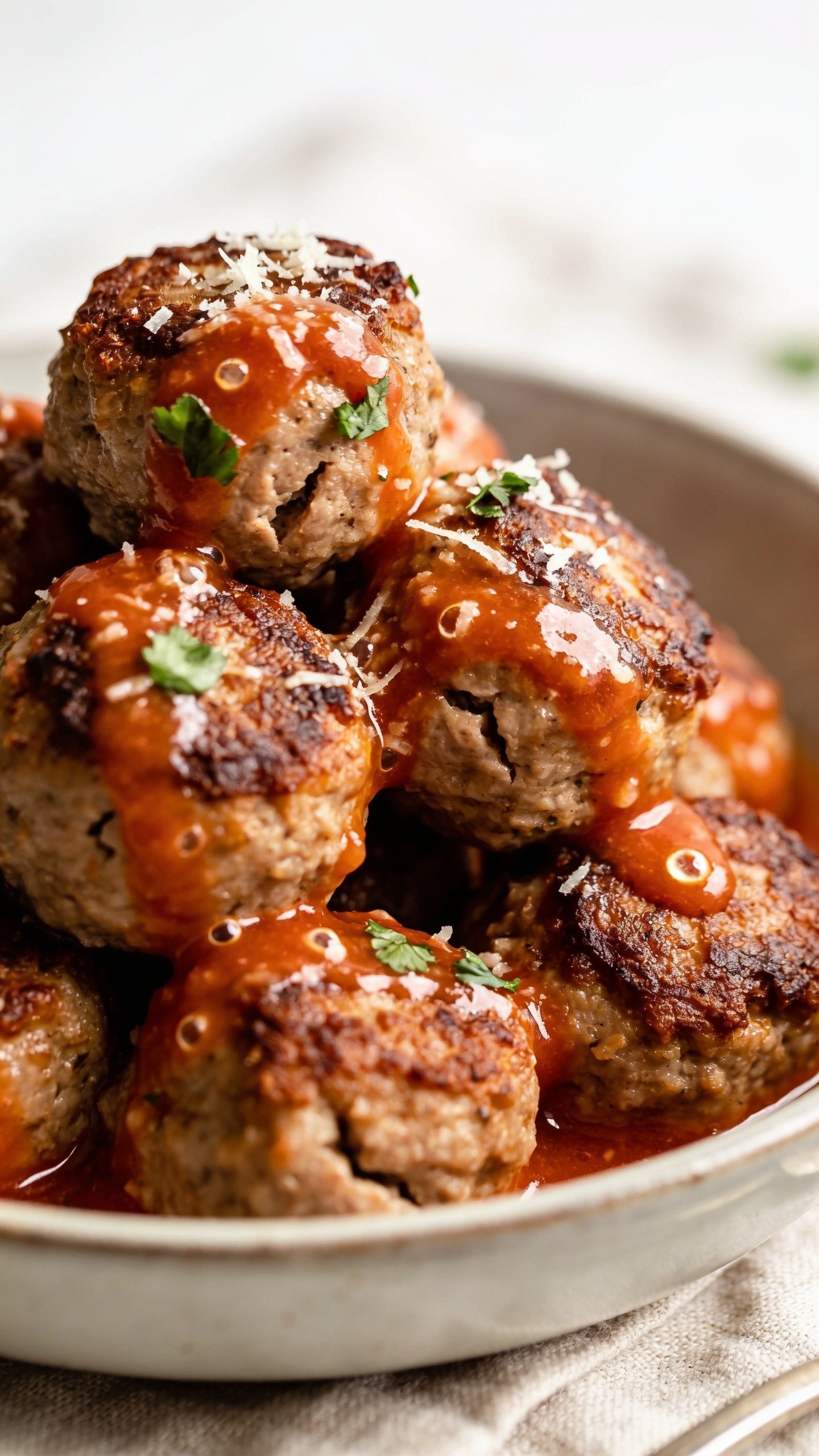 Extreme close-up from a lower angle focusing on a tight cluster of the same turkey meatballs nestled in the shallow bowl, showcasing the contrast between crispy browned edges and juicy interiors peeking through slight cracks. The light tomato-pan sauce pools and beads along the contours, with micro-grated Parmesan melting slightly on contact and a few parsley leaves adhering to the glaze. Minimal props, softly blurred linen in the background, bright side lighting creating appetizing highlights, shallow depth of field, food filling 90â95% of frame, rich textures and vibrant, fresh color.