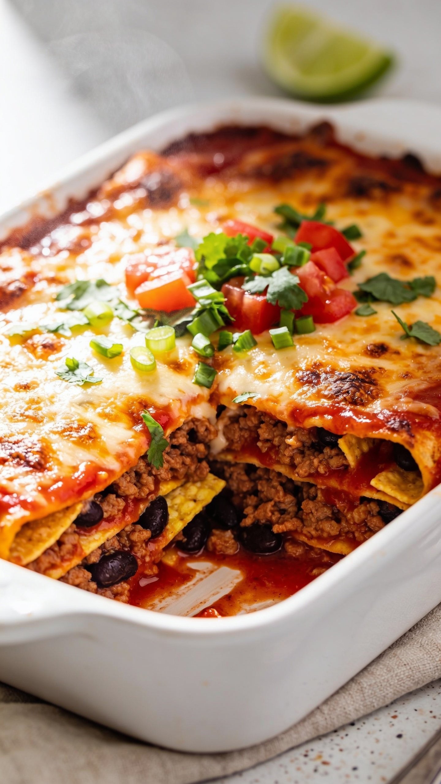 Extreme close-up hero shot of a freshly baked High Protein Ground Turkey Enchilada Casserole in a white ceramic baking dish, filling 90–95% of the frame. Golden-bubbly melted cheese with lightly charred, crispy edges, visible layers of saucy ground turkey, black beans, and tender corn tortilla strips peeking through a cut corner. Glossy red enchilada sauce sheen, scattered chopped cilantro and finely sliced green onions on top, a few diced tomatoes for color pop, and a lime wedge in the background blur. Bright natural side light from the left, shallow depth of field, steam faintly rising, premium food-blog styling on a neutral linen with a subtle speckled surface.