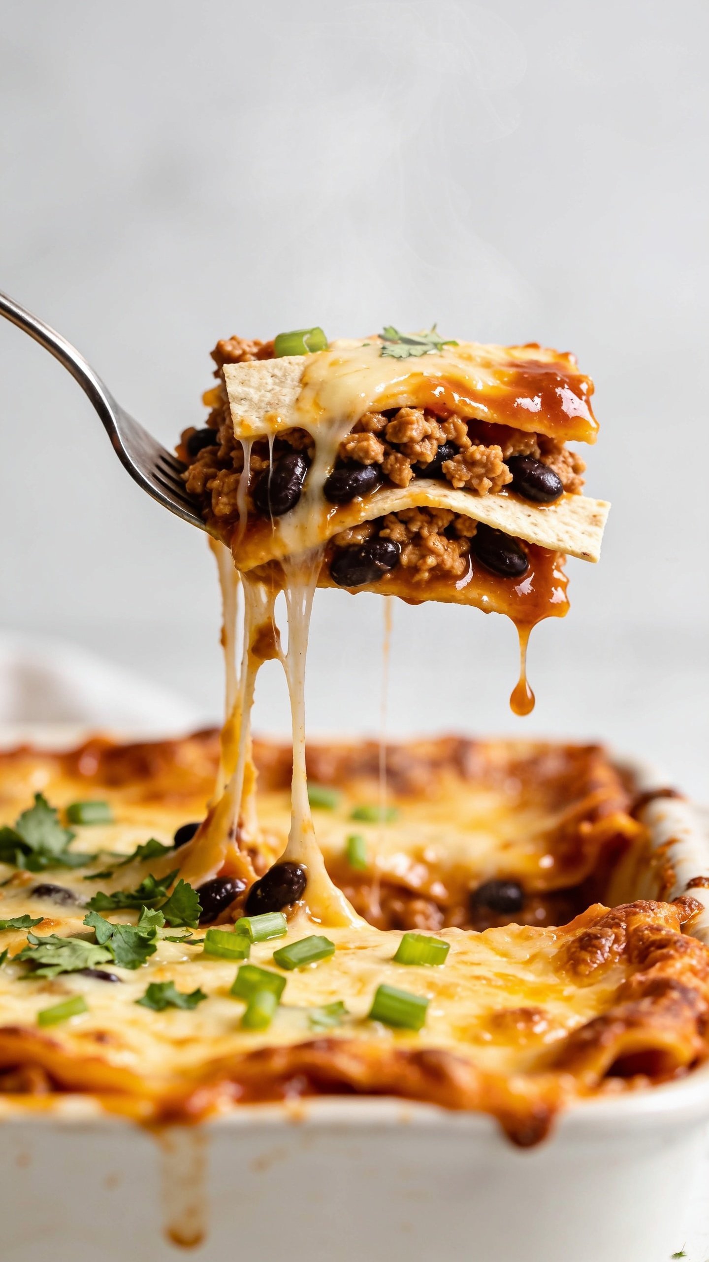 Dynamic action close-up: a fork lifting the perfect bite from the same casserole, one second before reaching the mouth. The fork tines pull up a layered square showing stretchy melted cheese strands, saucy ground turkey crumbles, black beans, and a soft tortilla strip, with glossy enchilada sauce clinging and a droplet mid-fall. The remaining casserole in the dish below is bubbly with crisped cheese edges and sprinkled cilantro and green onions. Bright natural lighting, shallow depth of field, steam visible, food filling 90–95% of frame, no hands or people, premium magazine cover energy.