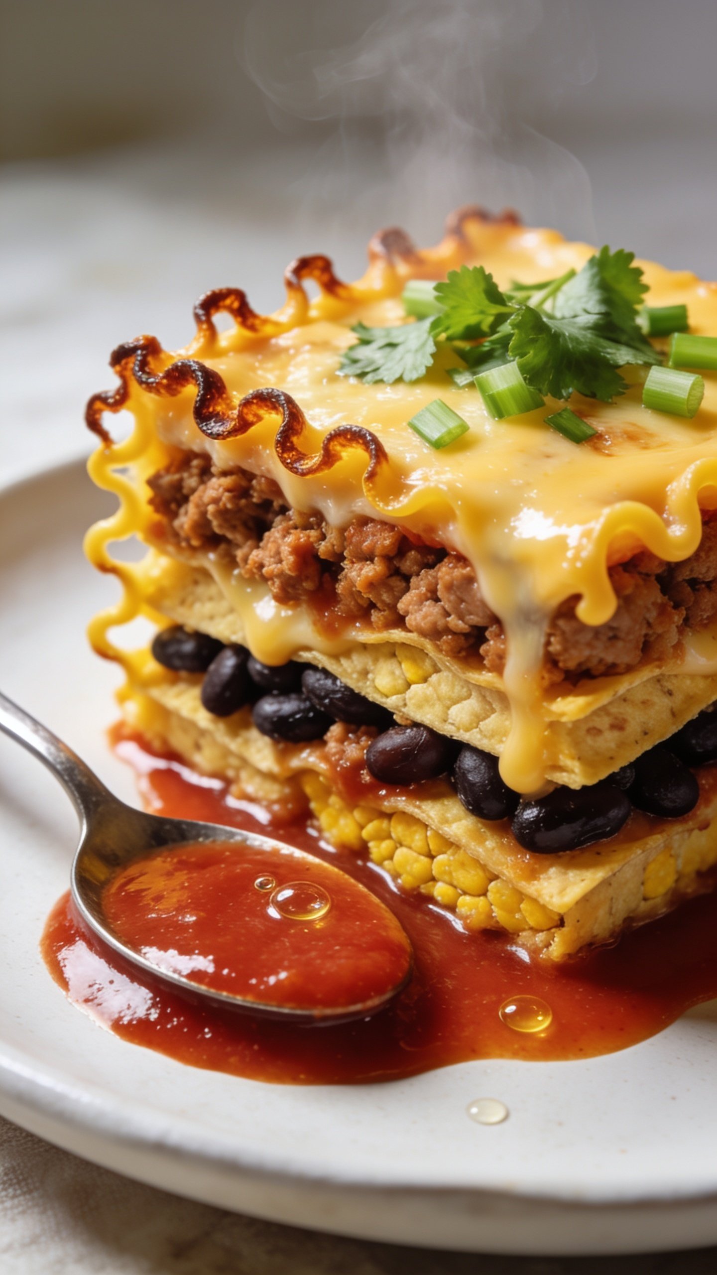 Macro angle close-up of a clean, squared slice plated from the same casserole, filling the frame on a matte white plate. Emphasize distinct stacked layers: saucy spiced ground turkey, black beans, corn tortillas, and oozy melted cheese, with caramelized cheese frills along the edge. A glossy spoonful of red enchilada sauce pooled at the base, tiny beads of oil catching the light, and a fresh sprinkle of cilantro and green onions on top. Bright natural backlight, shallow depth of field, steam wisping up, vibrant colors, and a softly textured neutral backdrop for premium food-blog styling.